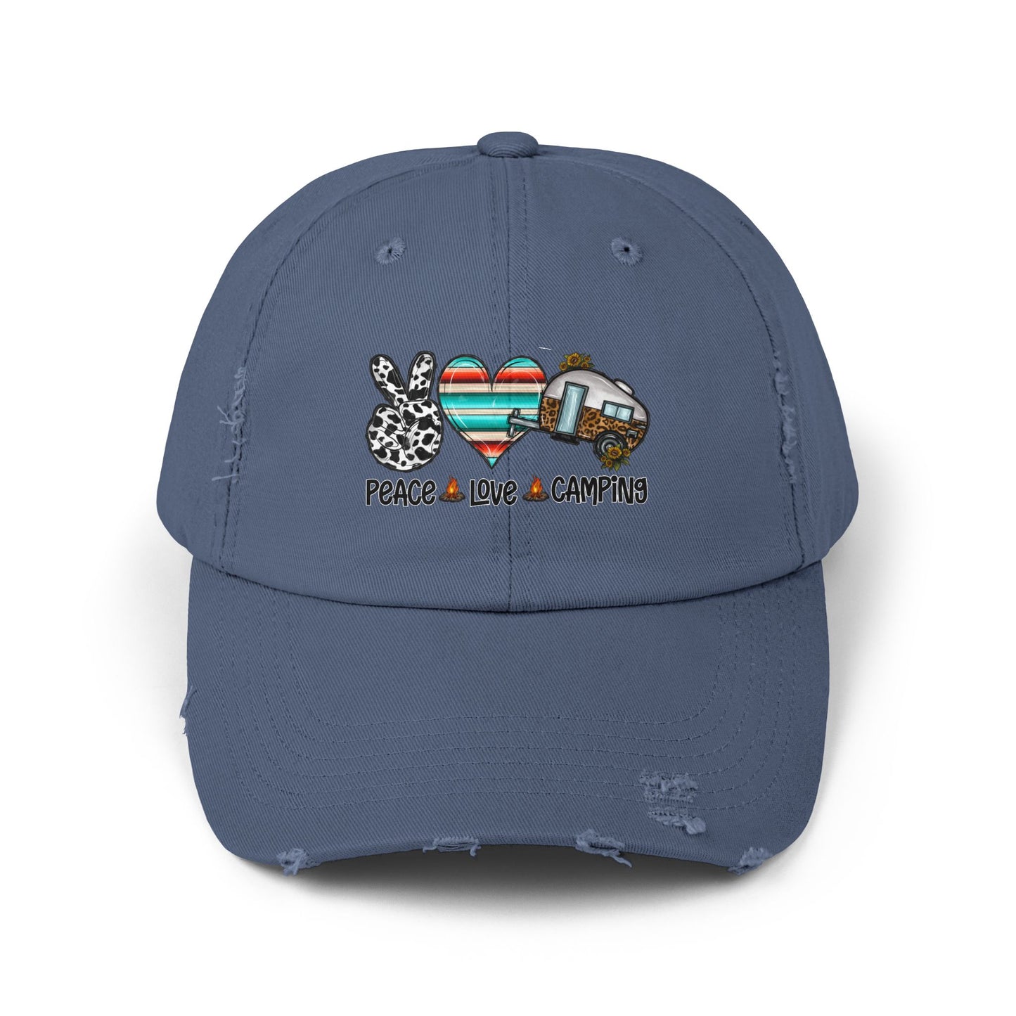 Unisex Distressed Cap - Peace Love Camping Graphic Hat