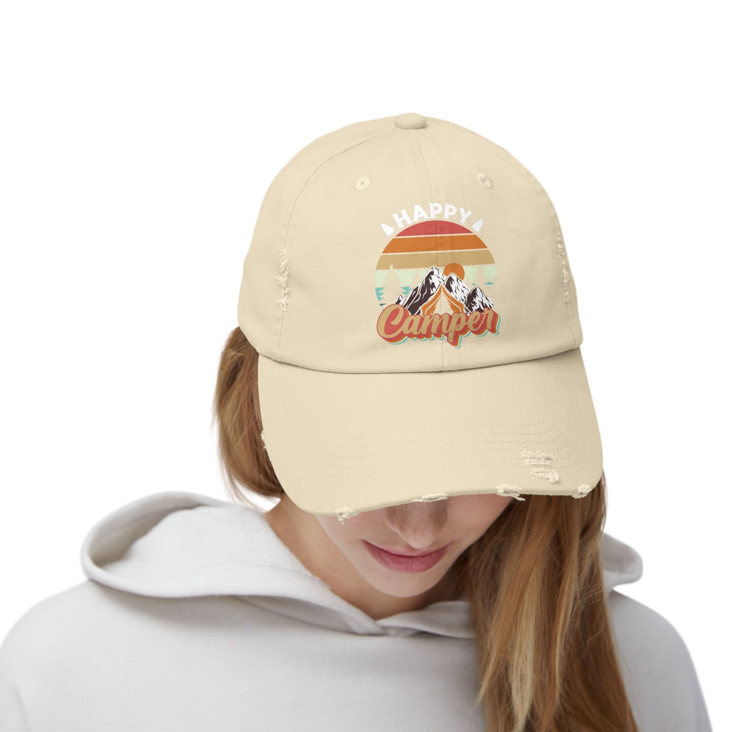 Happy Camper Distressed Cap – Perfect for Outdoor Enthusiasts