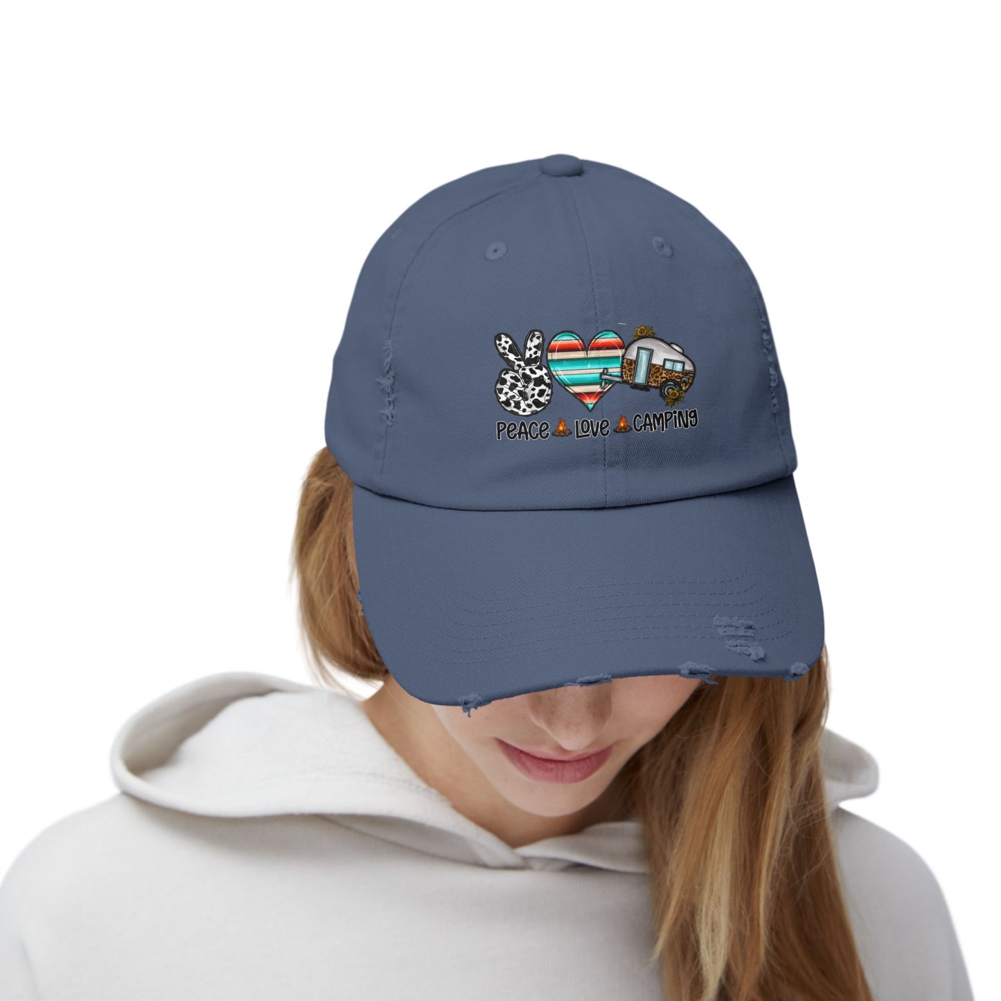 Unisex Distressed Cap - Peace Love Camping Graphic Hat