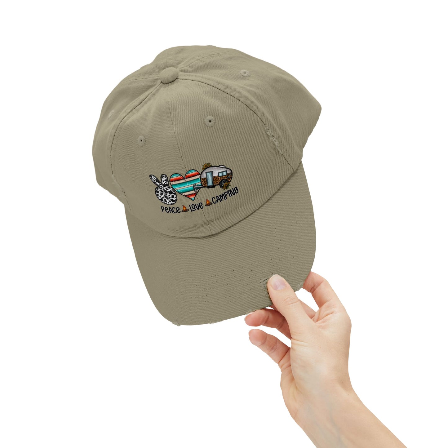 Unisex Distressed Cap - Peace Love Camping Graphic Hat