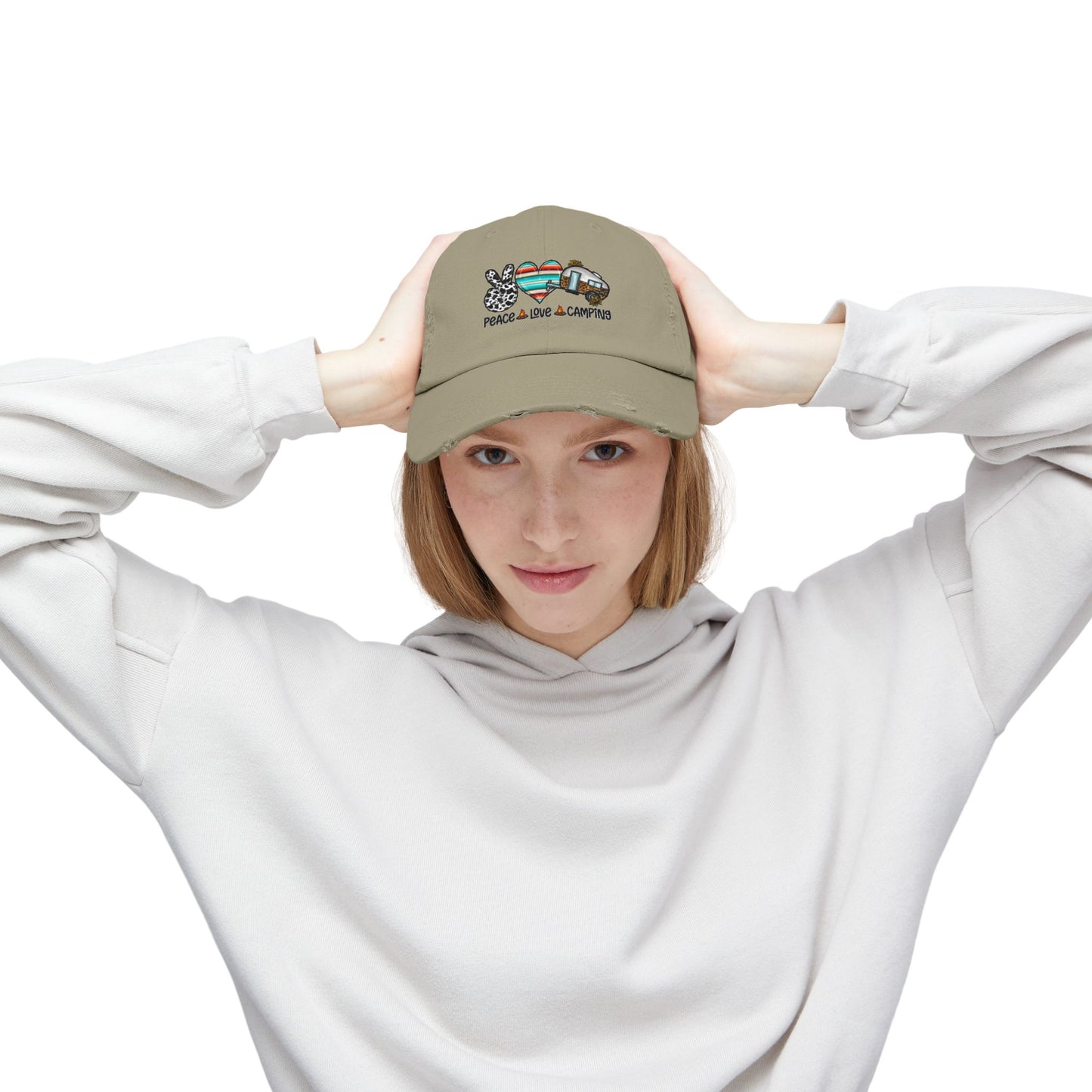 Unisex Distressed Cap - Peace Love Camping Graphic Hat