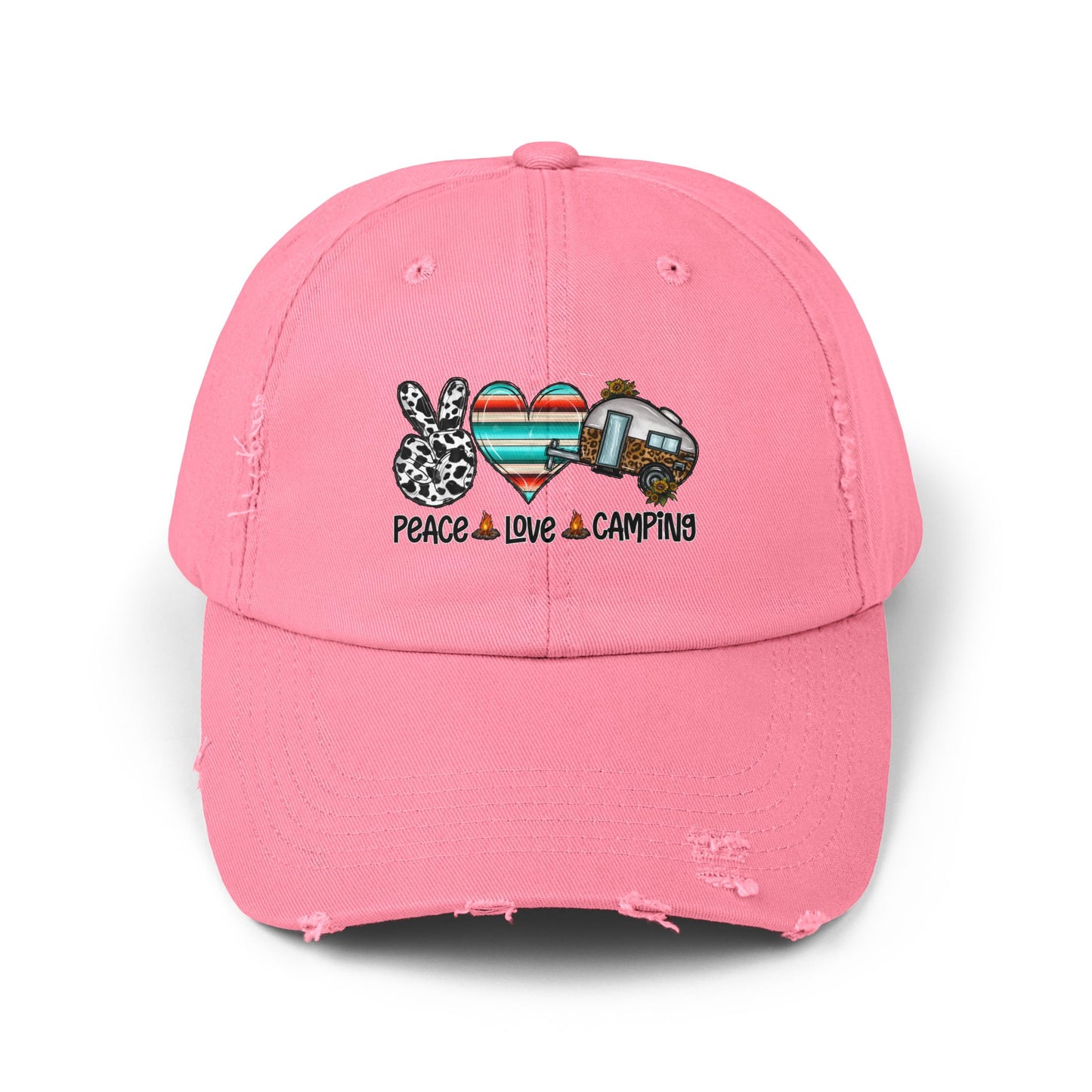 Unisex Distressed Cap - Peace Love Camping Graphic Hat