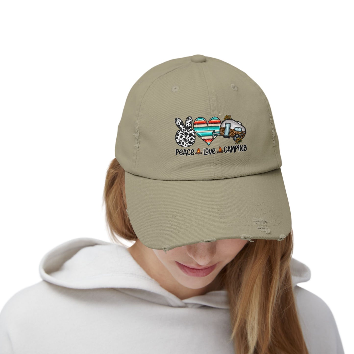 Unisex Distressed Cap - Peace Love Camping Graphic Hat