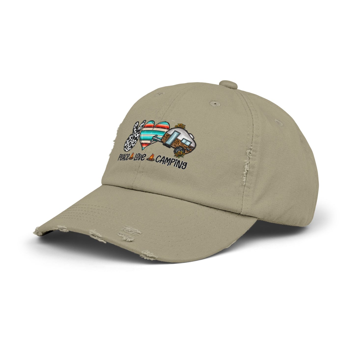 Unisex Distressed Cap - Peace Love Camping Graphic Hat