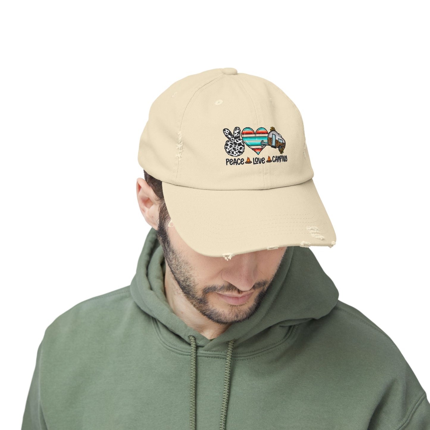 Unisex Distressed Cap - Peace Love Camping Graphic Hat