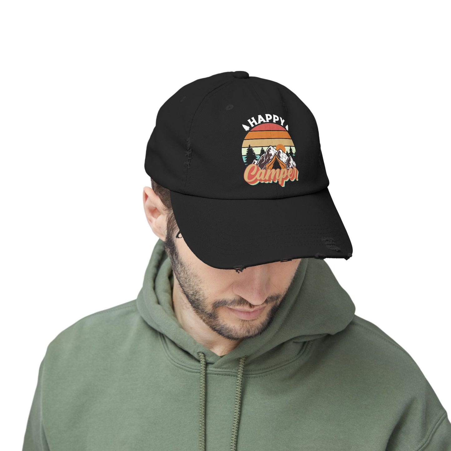 Happy Camper Distressed Cap – Perfect for Outdoor Enthusiasts