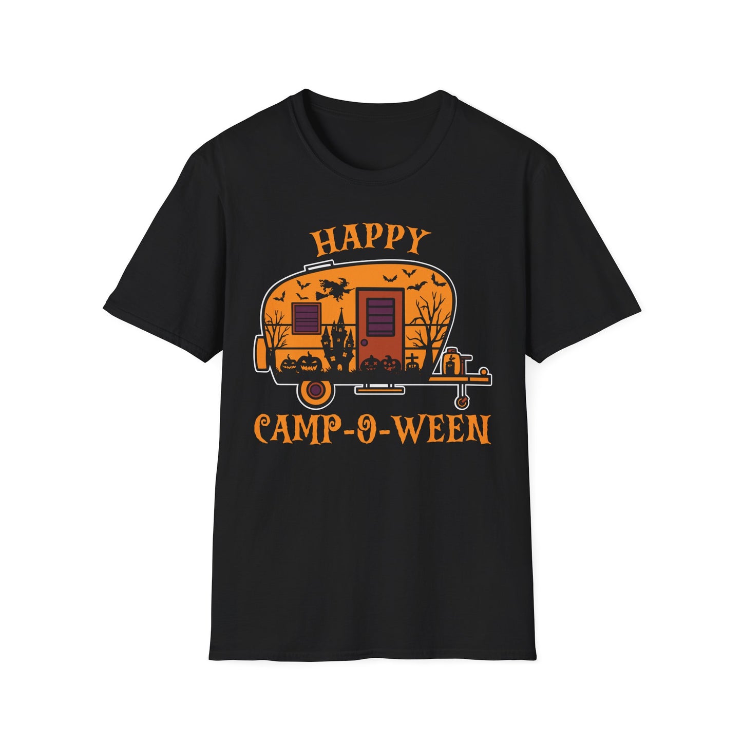 Happy Camp-O-Ween Unisex Softstyle T-Shirt - Perfect for Fall Camping and Halloween Celebrations