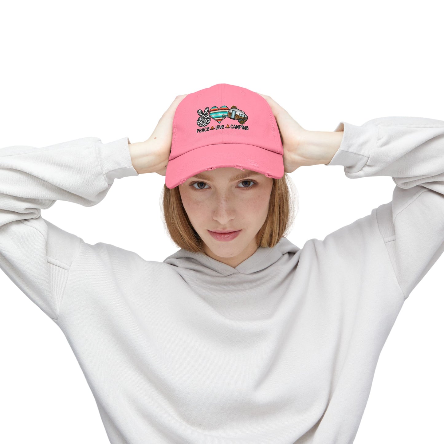 Unisex Distressed Cap - Peace Love Camping Graphic Hat