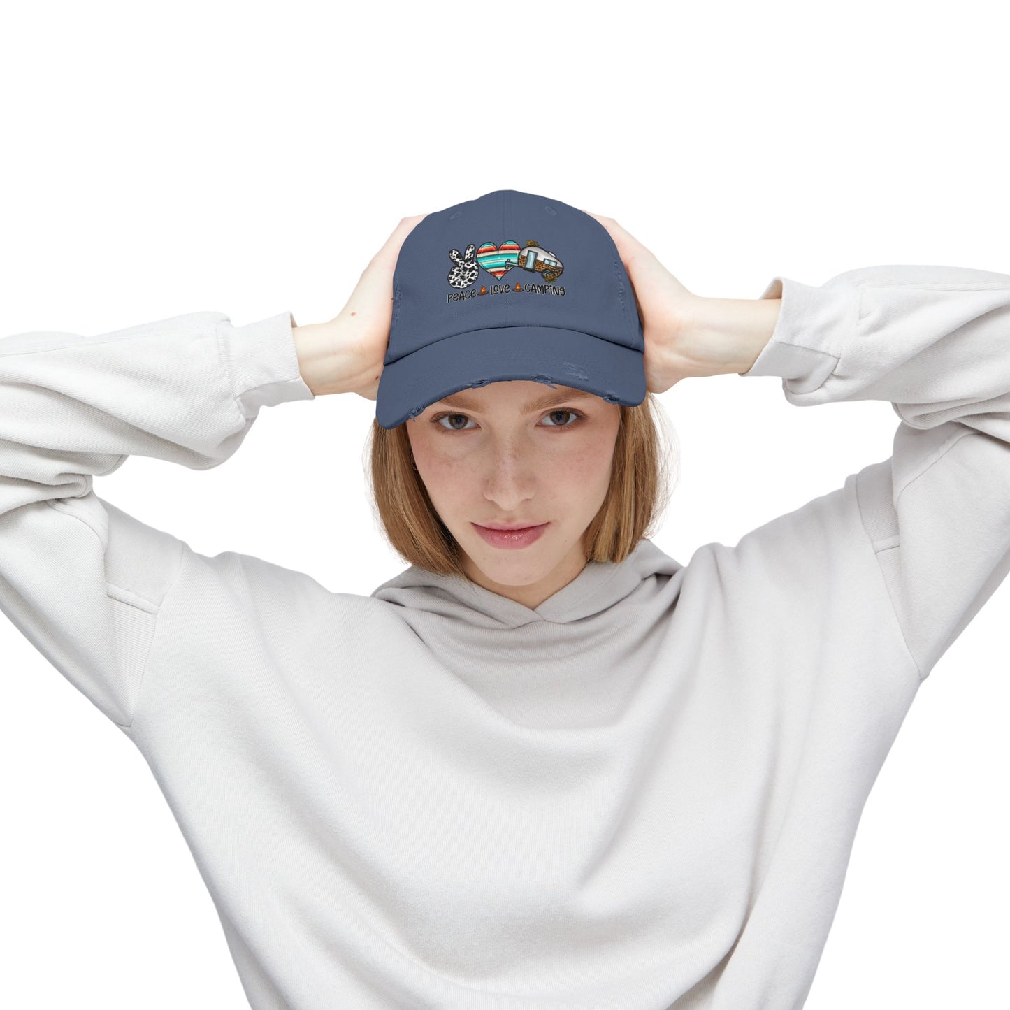 Unisex Distressed Cap - Peace Love Camping Graphic Hat