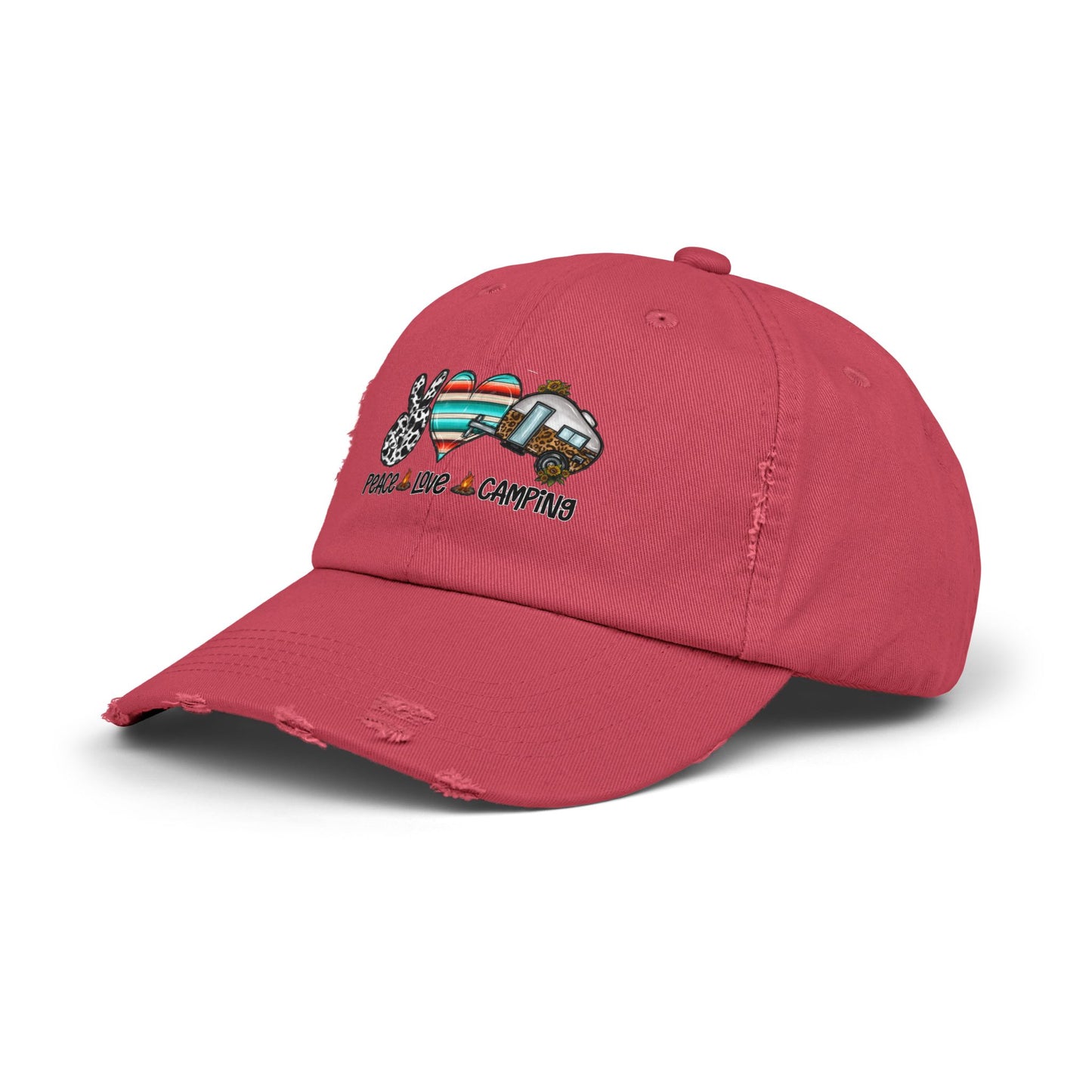 Unisex Distressed Cap - Peace Love Camping Graphic Hat
