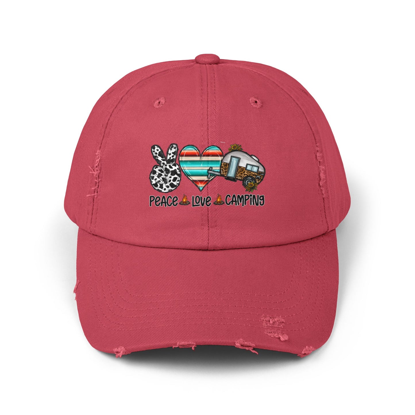 Unisex Distressed Cap - Peace Love Camping Graphic Hat