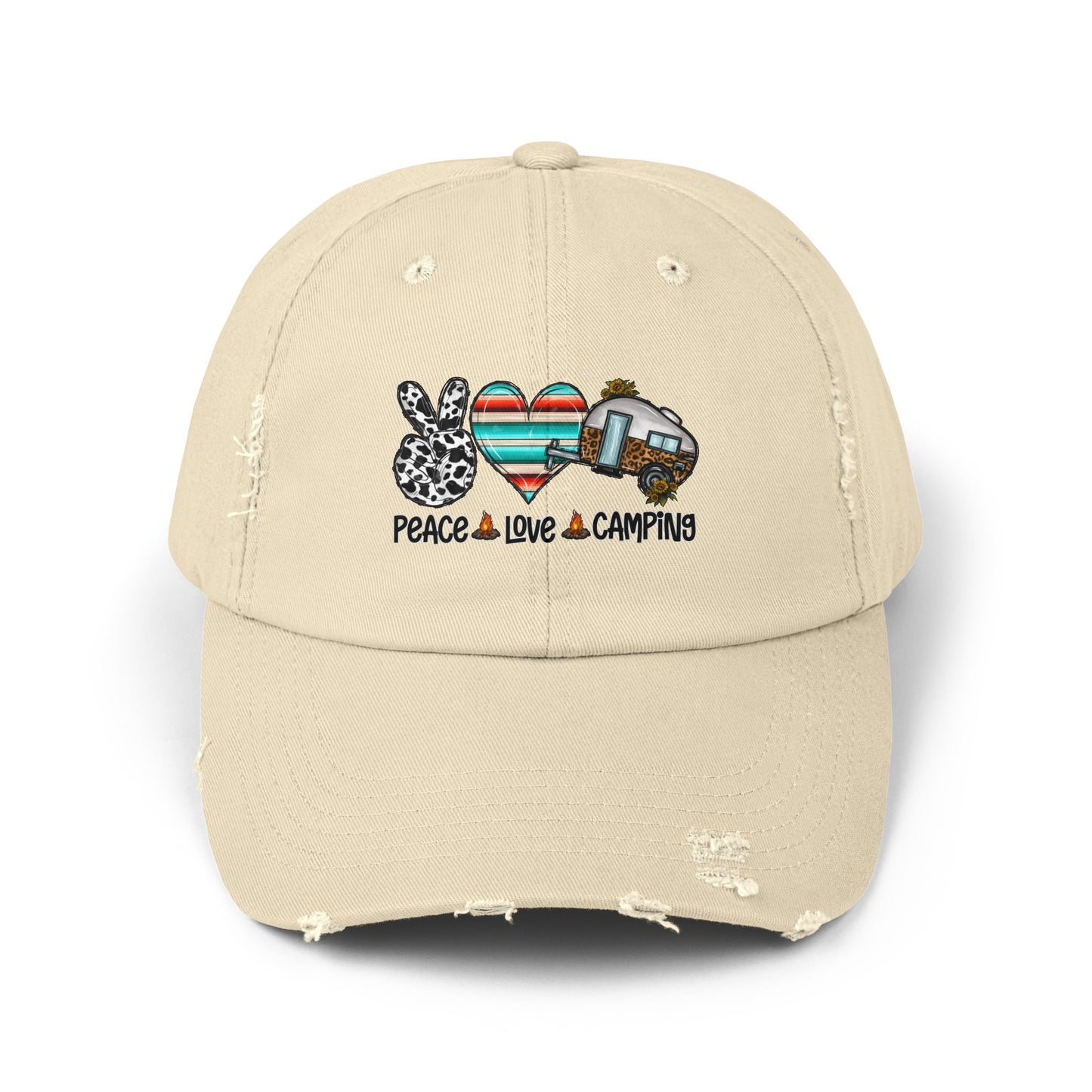 Unisex Distressed Cap - Peace Love Camping Graphic Hat