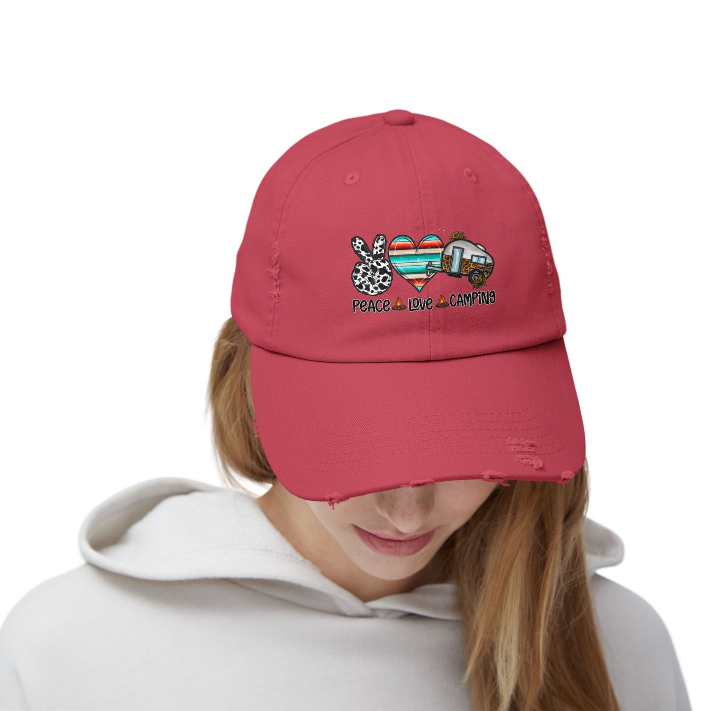 Unisex Distressed Cap - Peace Love Camping Graphic Hat