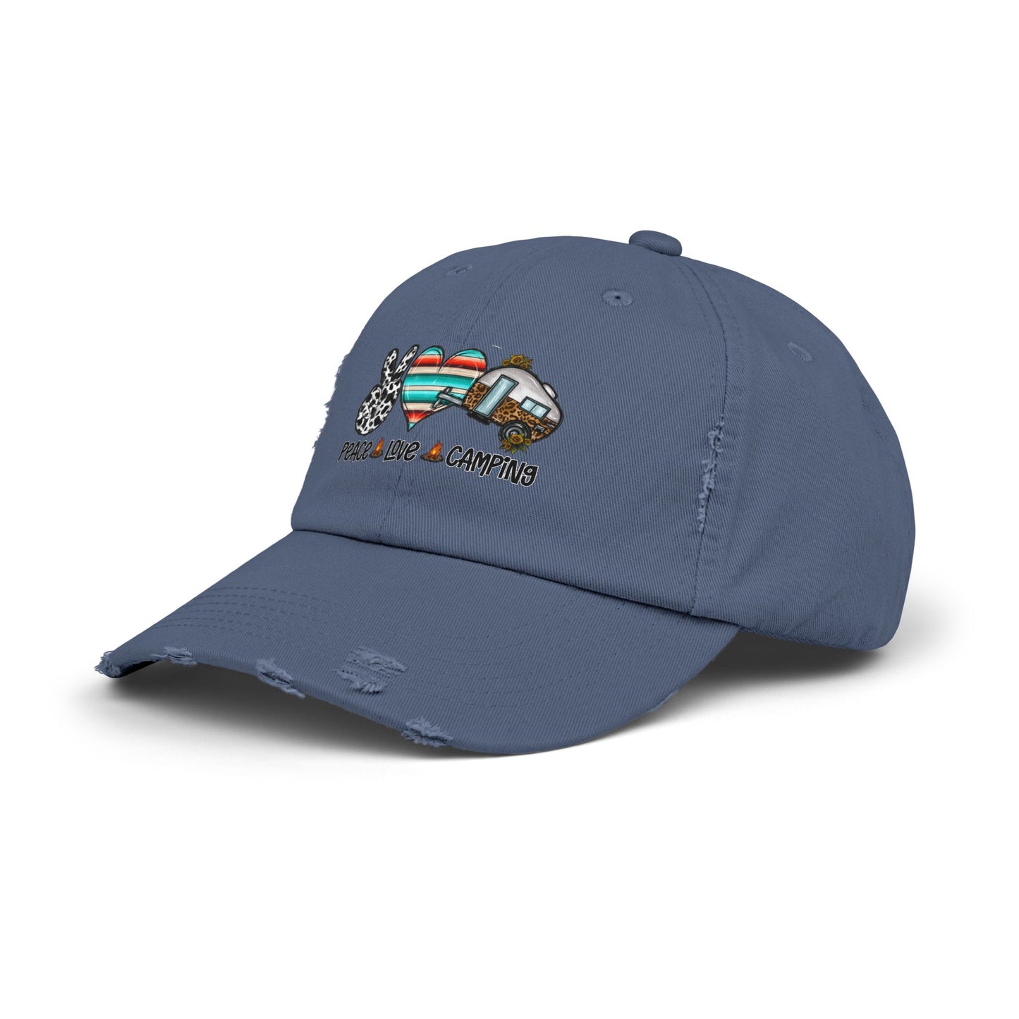 Unisex Distressed Cap - Peace Love Camping Graphic Hat