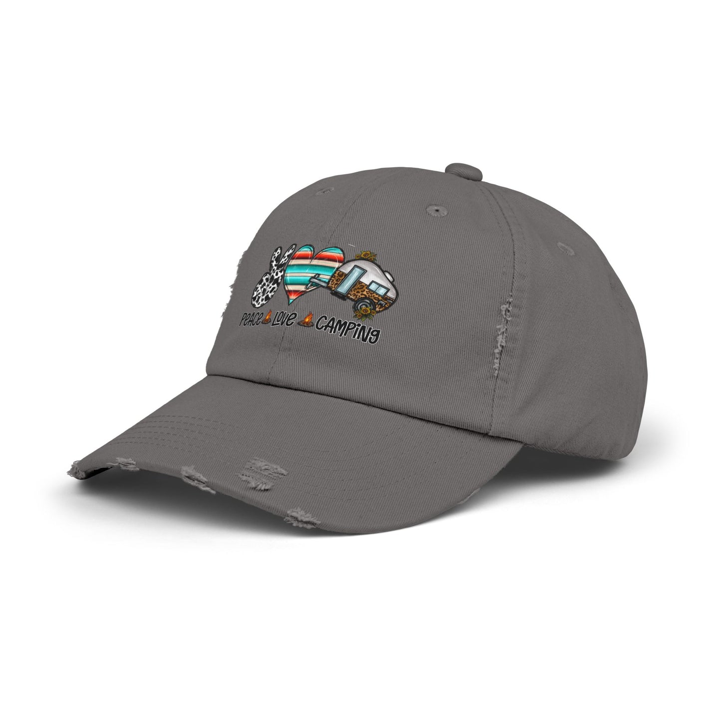 Unisex Distressed Cap - Peace Love Camping Graphic Hat
