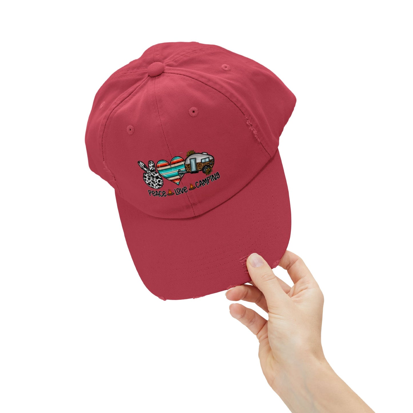 Unisex Distressed Cap - Peace Love Camping Graphic Hat