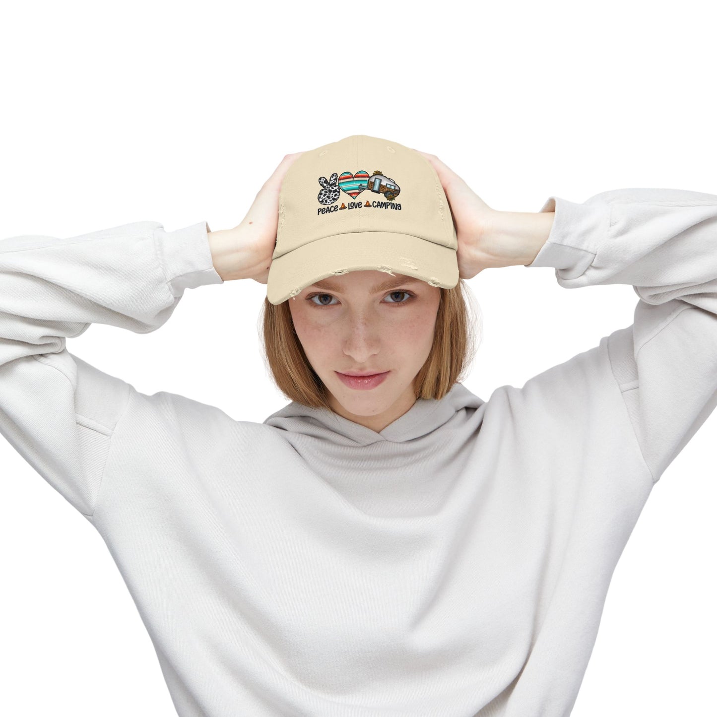Unisex Distressed Cap - Peace Love Camping Graphic Hat