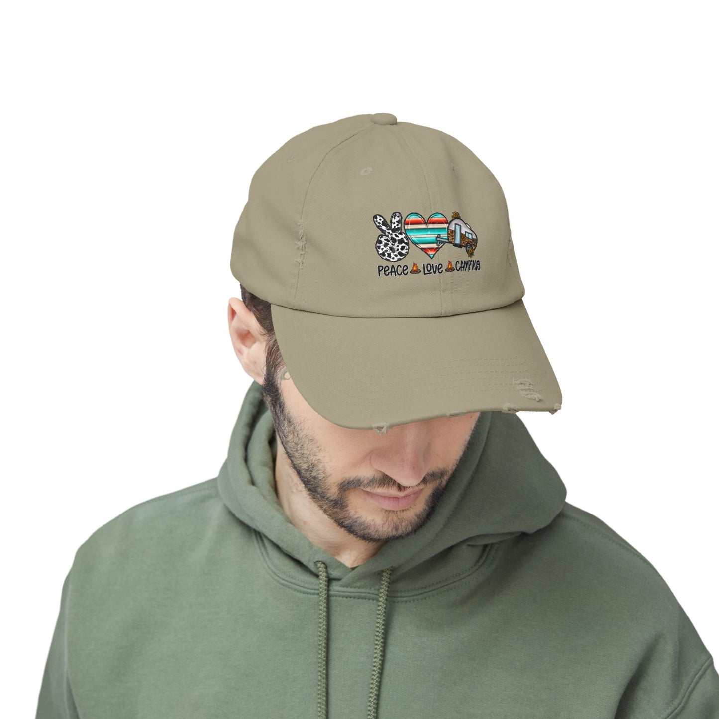 Unisex Distressed Cap - Peace Love Camping Graphic Hat