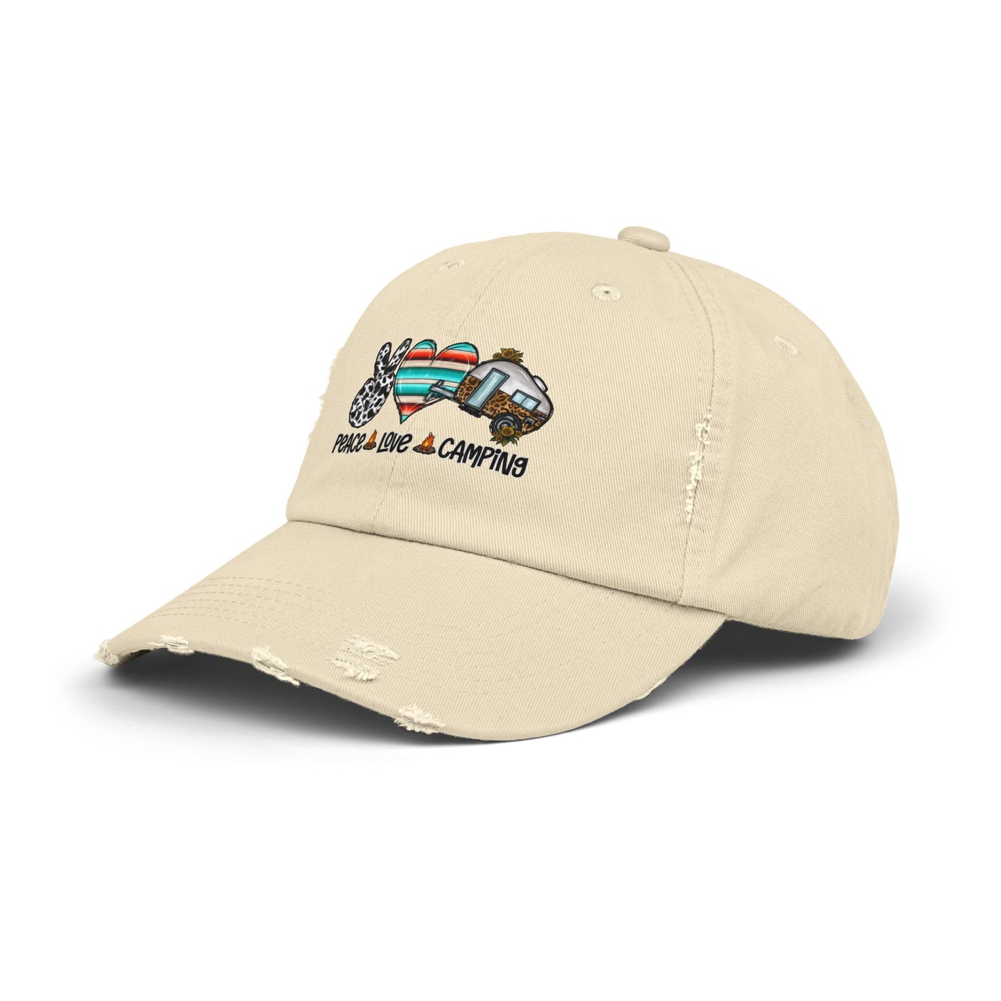 Unisex Distressed Cap - Peace Love Camping Graphic Hat