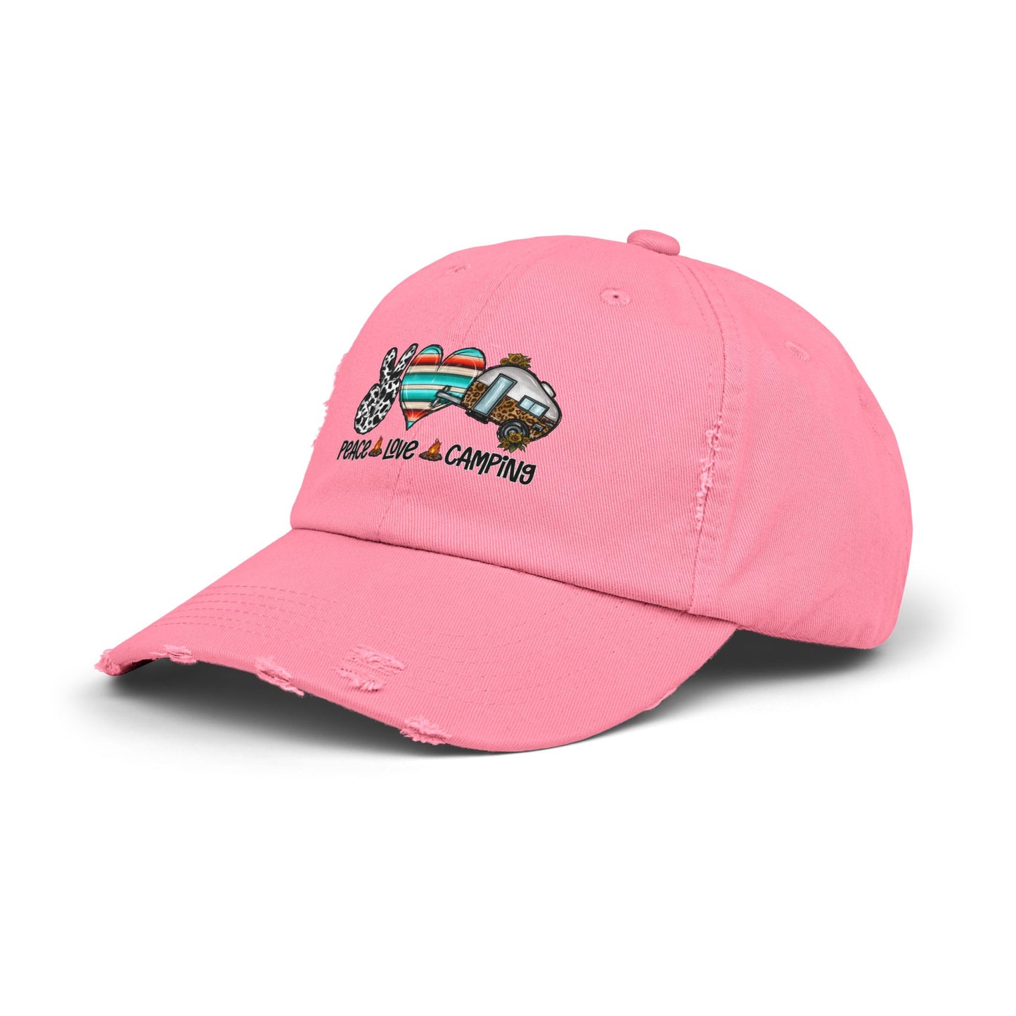Unisex Distressed Cap - Peace Love Camping Graphic Hat