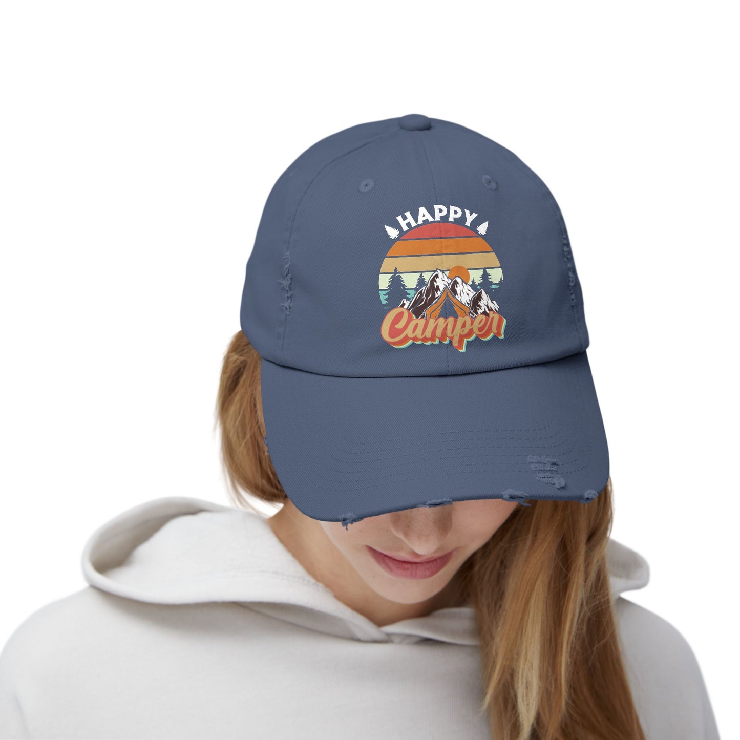 Happy Camper Distressed Cap – Perfect for Outdoor Enthusiasts