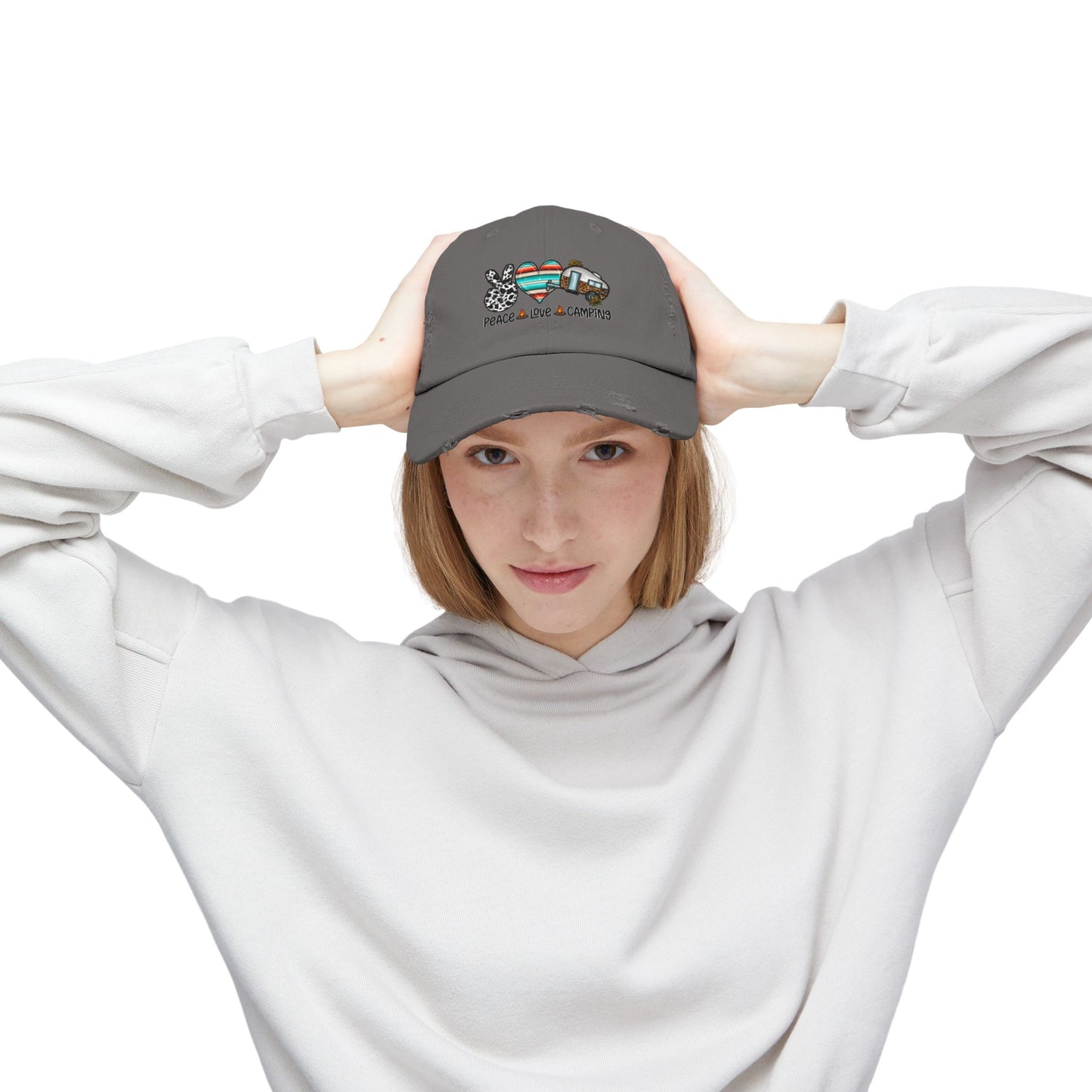 Unisex Distressed Cap - Peace Love Camping Graphic Hat