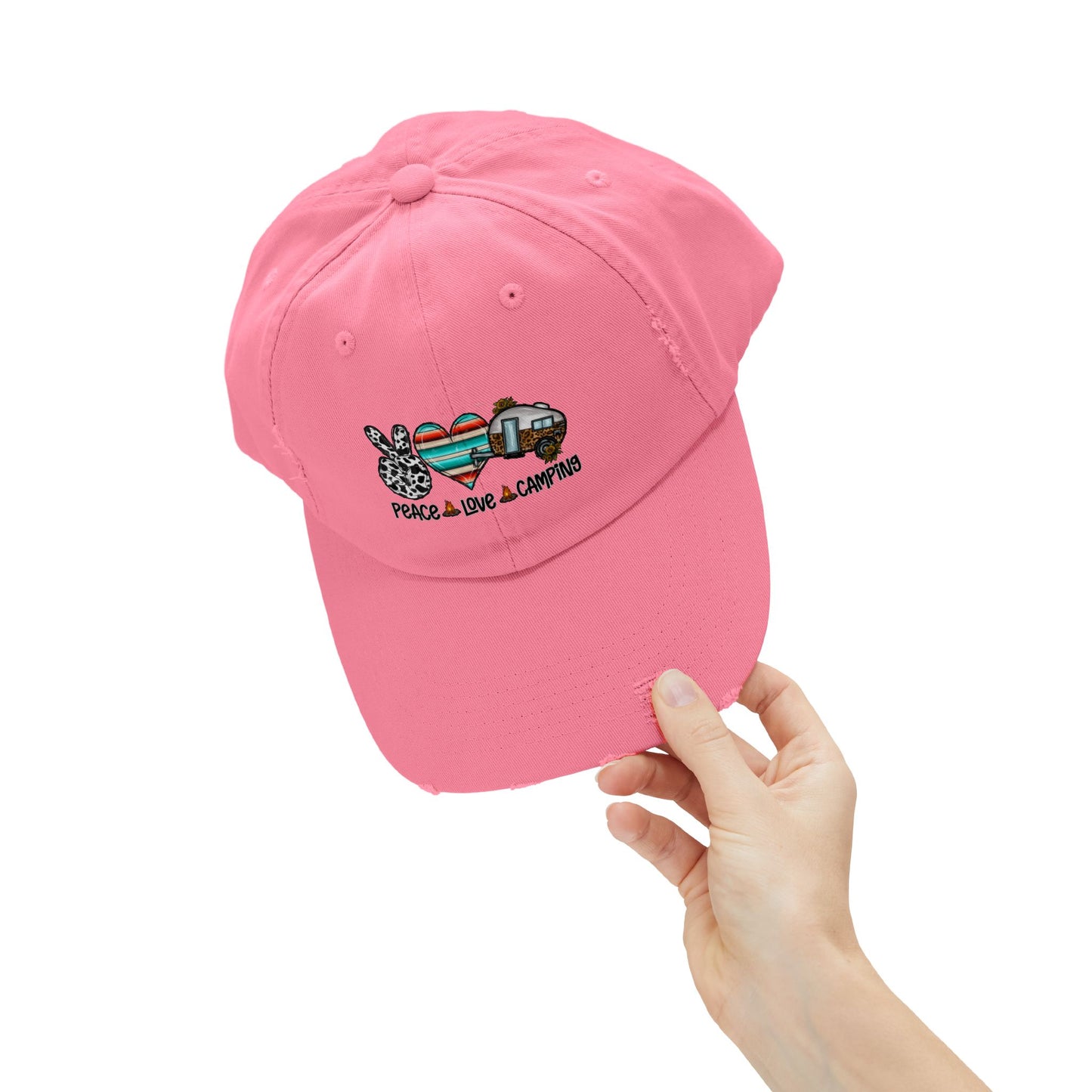 Unisex Distressed Cap - Peace Love Camping Graphic Hat