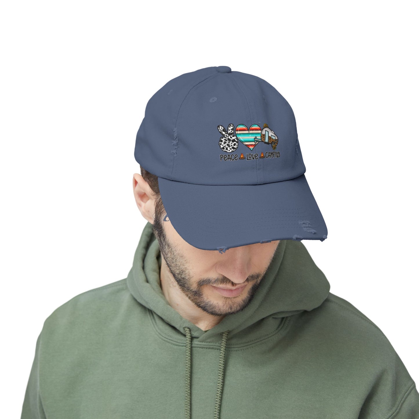 Unisex Distressed Cap - Peace Love Camping Graphic Hat