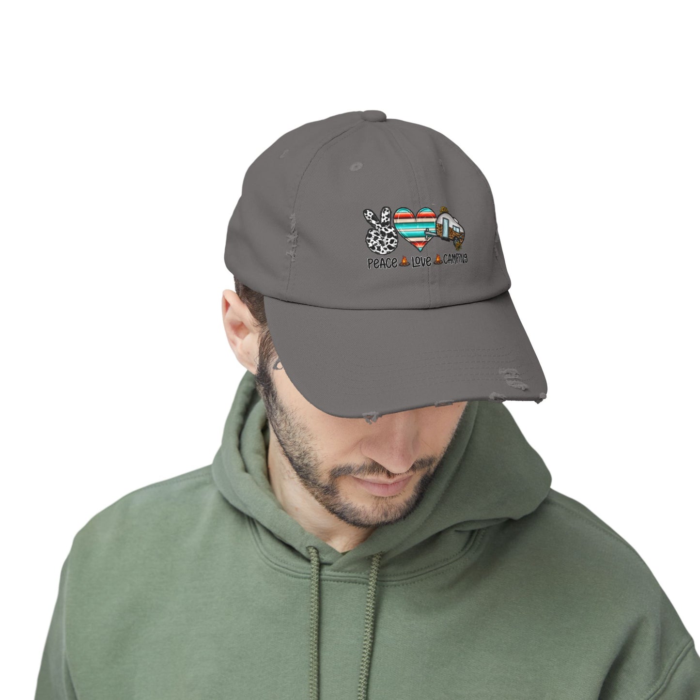 Unisex Distressed Cap - Peace Love Camping Graphic Hat