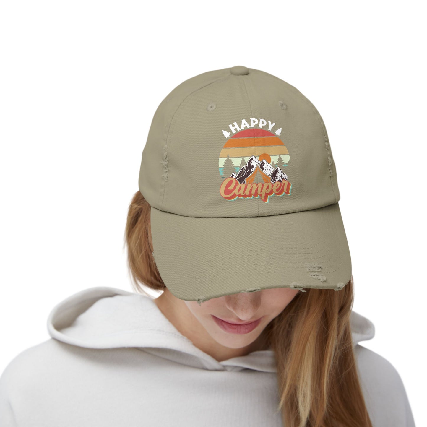 Happy Camper Distressed Cap – Perfect for Outdoor Enthusiasts