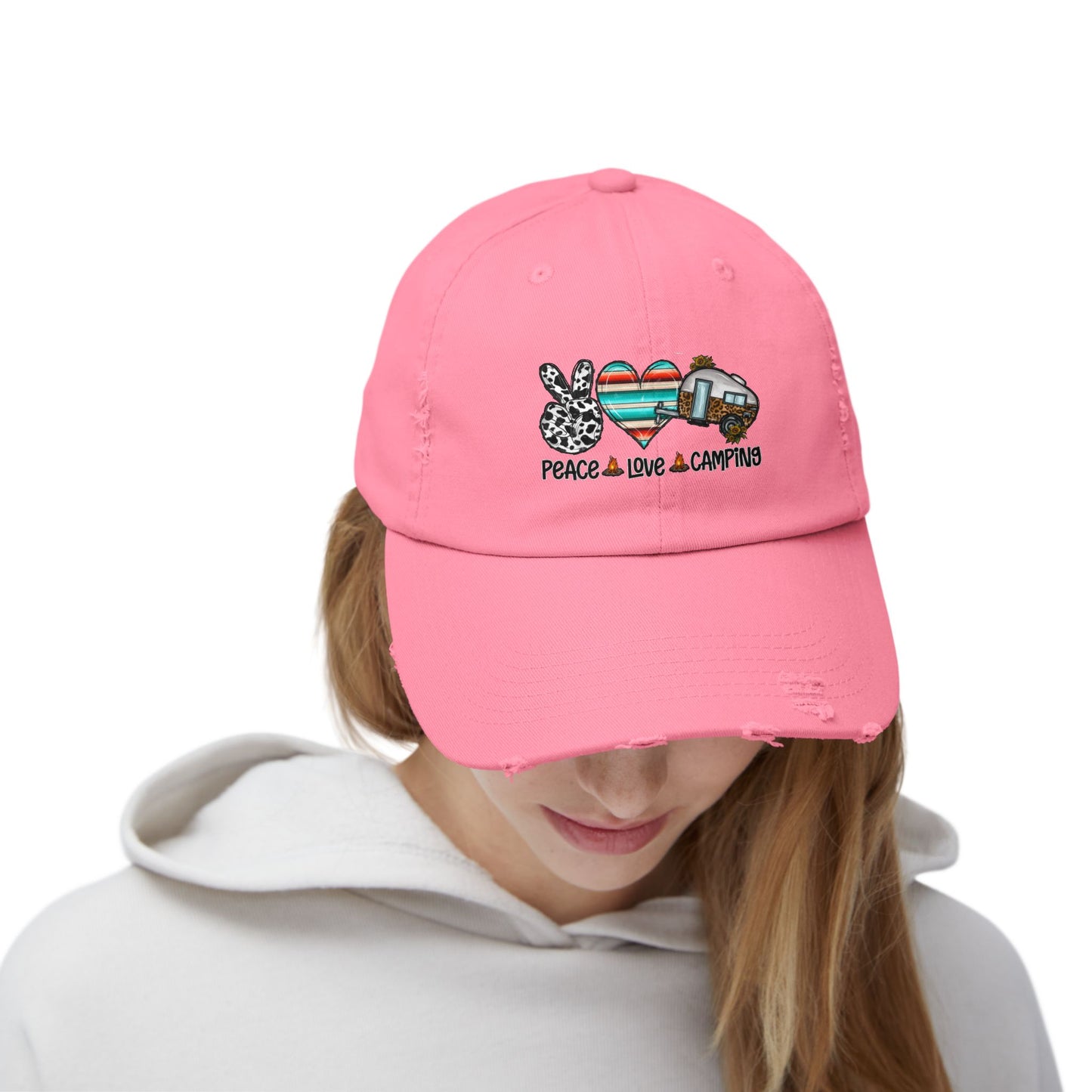 Unisex Distressed Cap - Peace Love Camping Graphic Hat