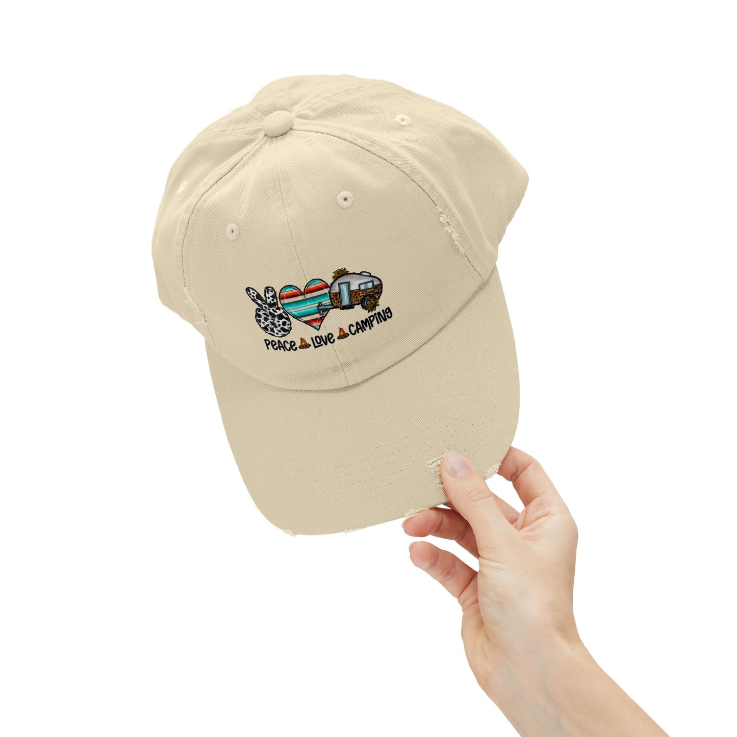 Unisex Distressed Cap - Peace Love Camping Graphic Hat