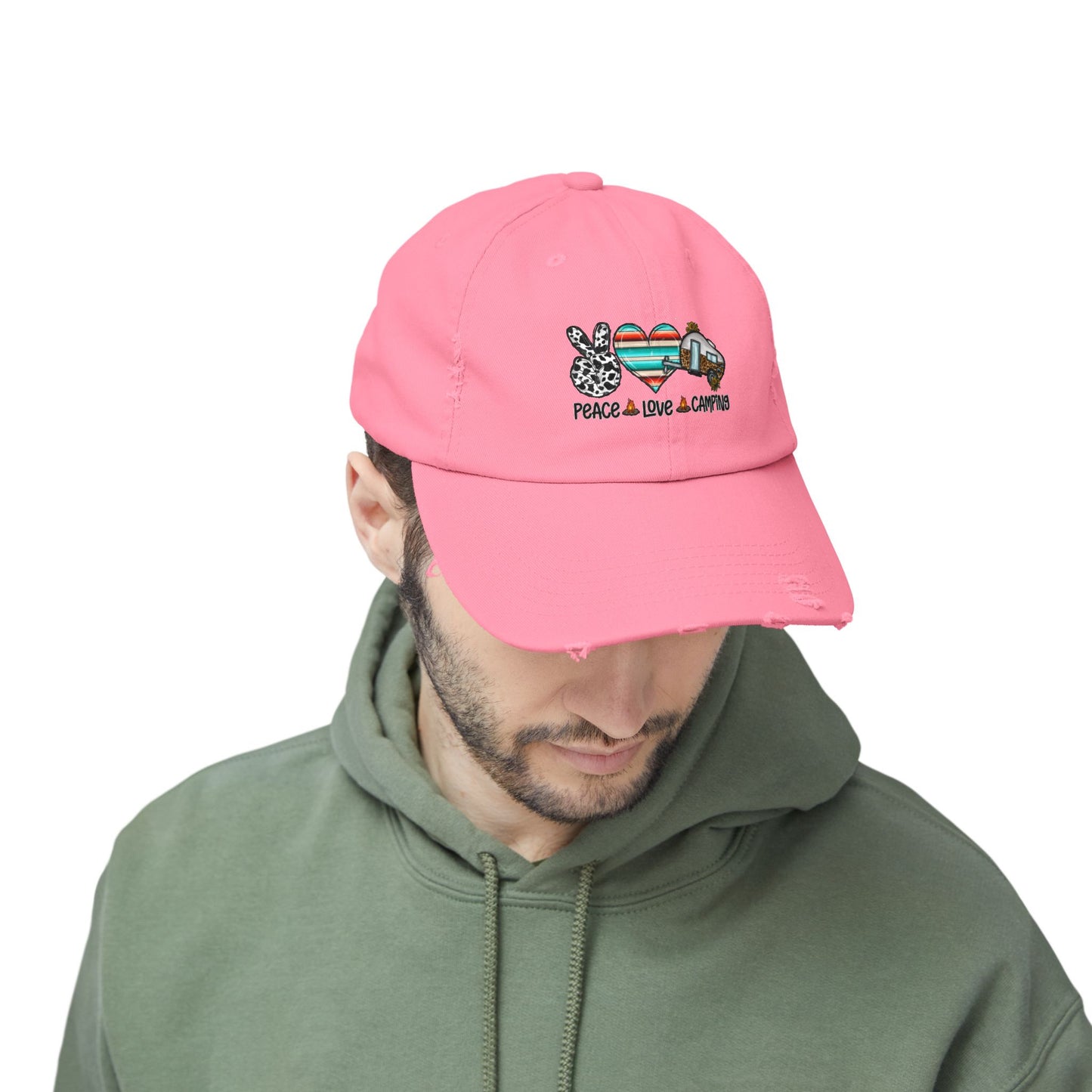 Unisex Distressed Cap - Peace Love Camping Graphic Hat