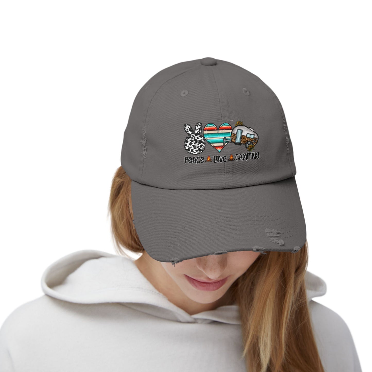 Unisex Distressed Cap - Peace Love Camping Graphic Hat