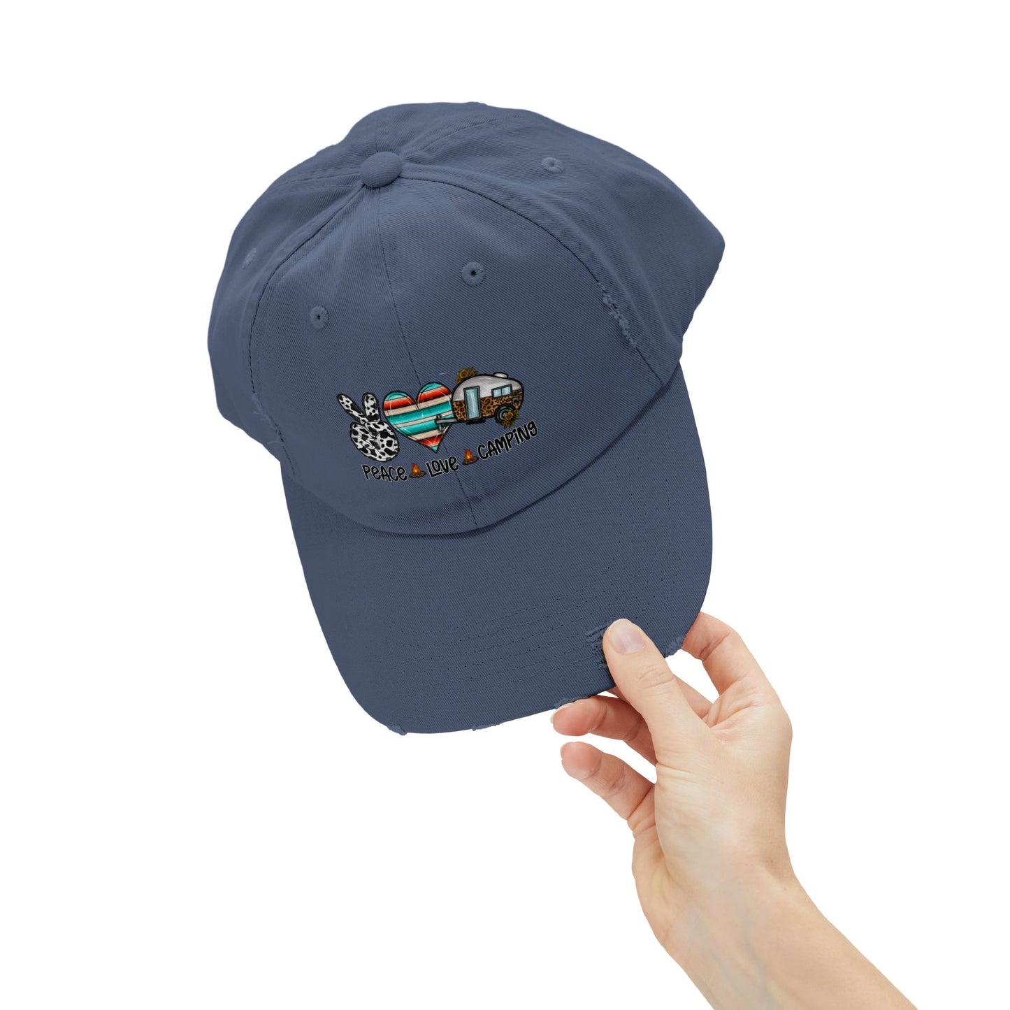 Unisex Distressed Cap - Peace Love Camping Graphic Hat