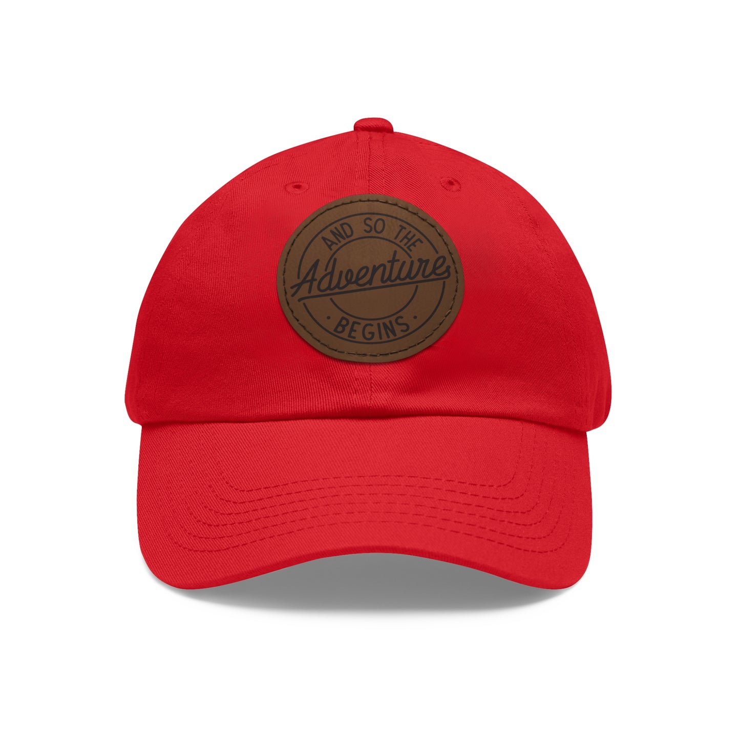 Adventure Begins Dad Hat with Leather Patch | Red Casual Cap