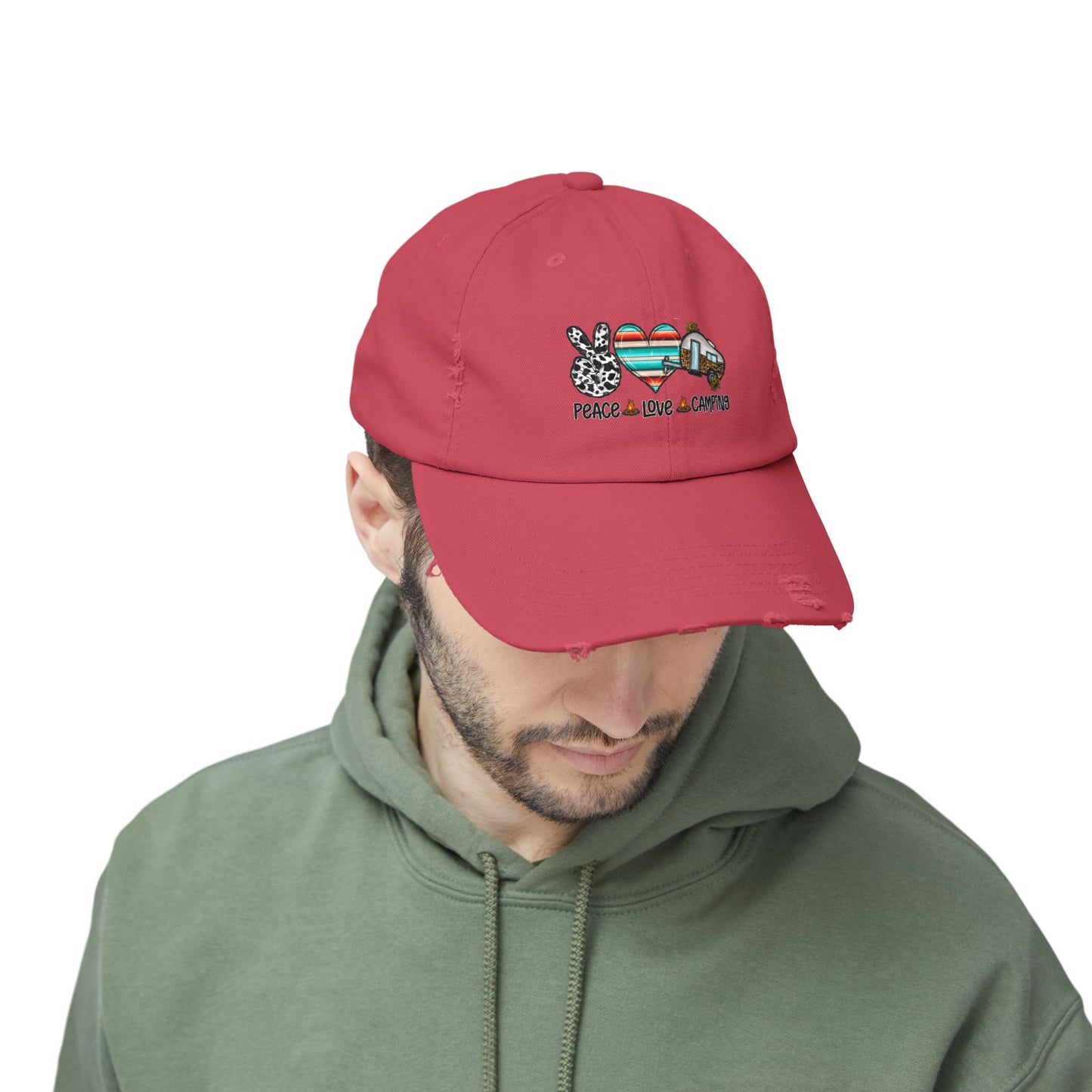 Unisex Distressed Cap - Peace Love Camping Graphic Hat