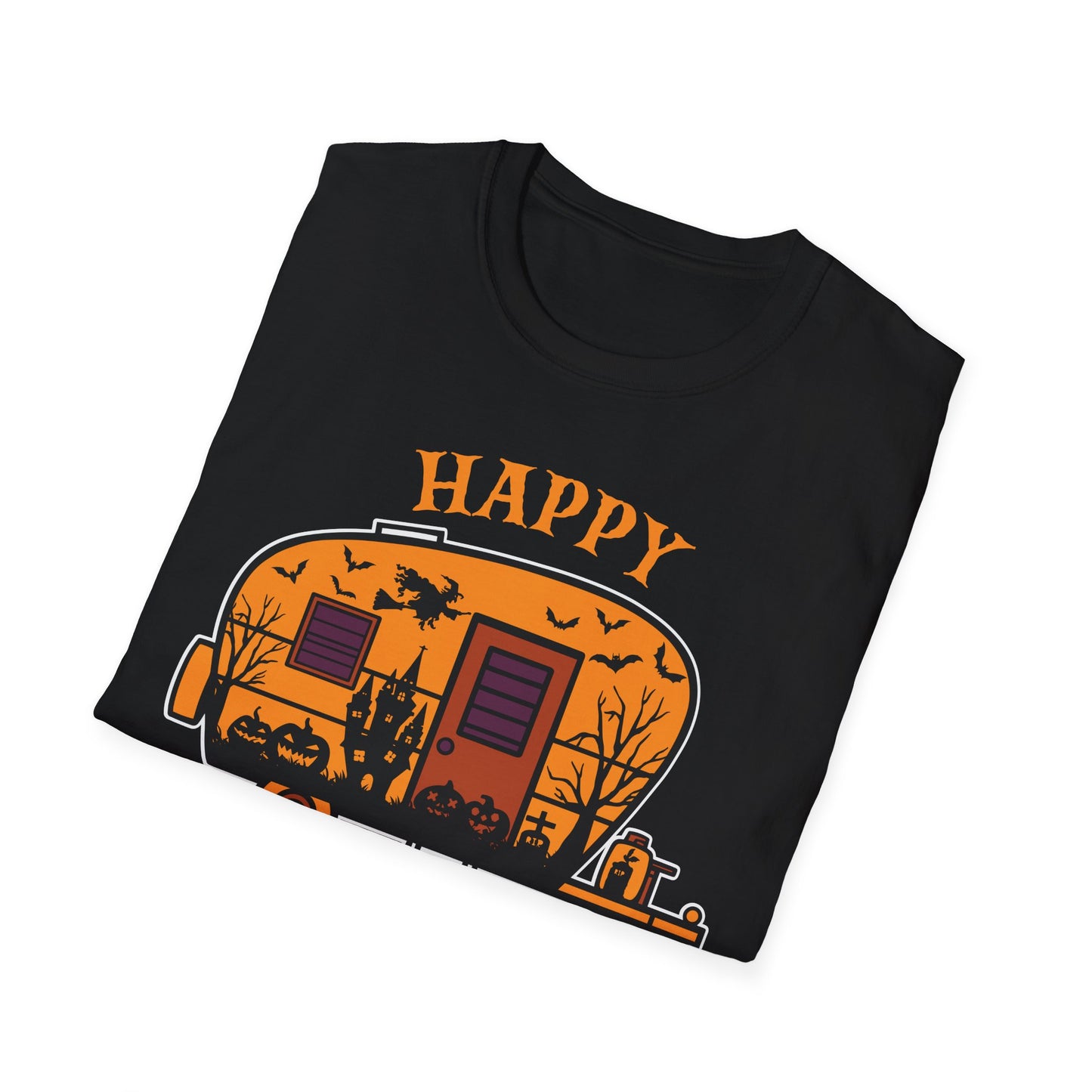 Happy Camp-O-Ween Unisex Softstyle T-Shirt - Perfect for Fall Camping and Halloween Celebrations
