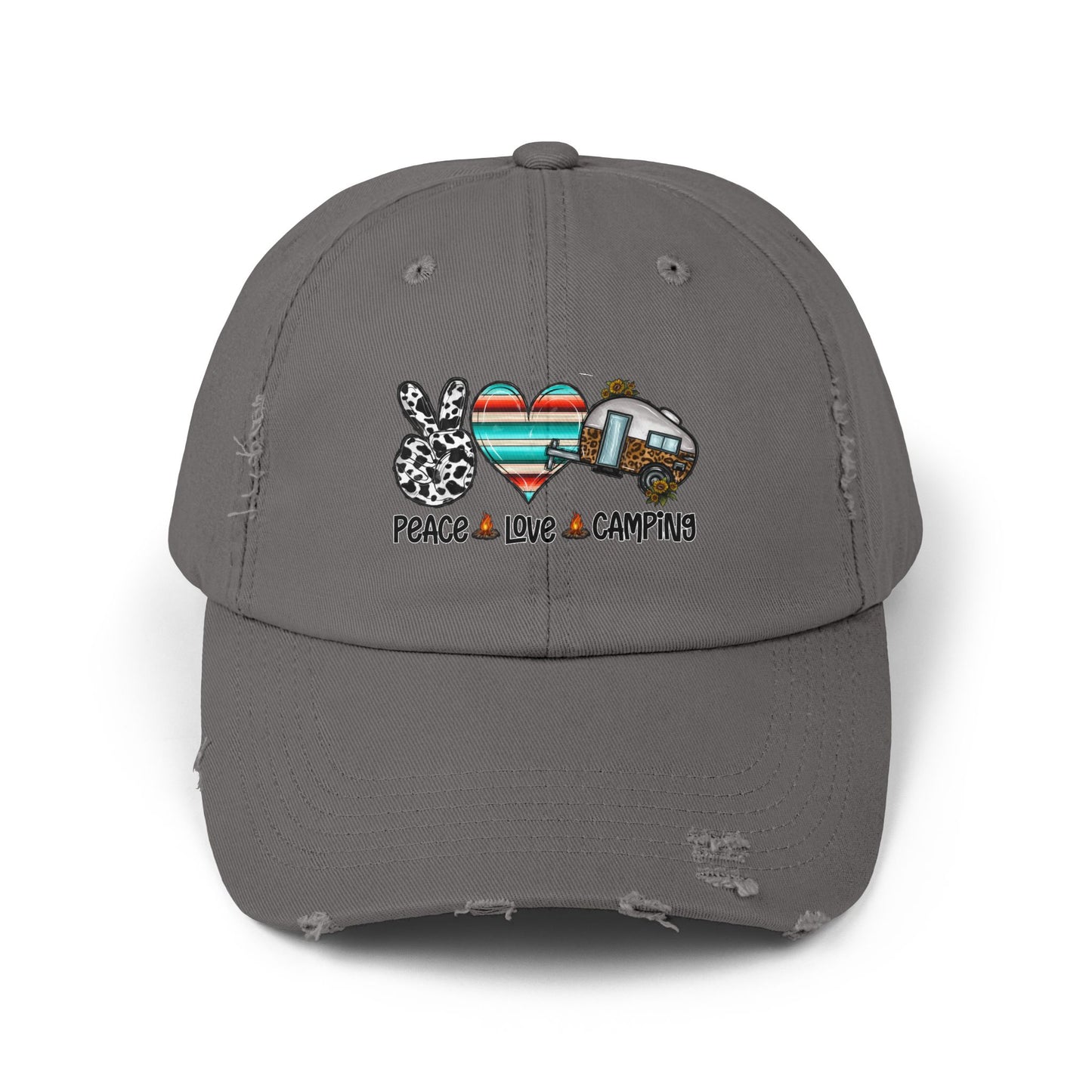 Unisex Distressed Cap - Peace Love Camping Graphic Hat