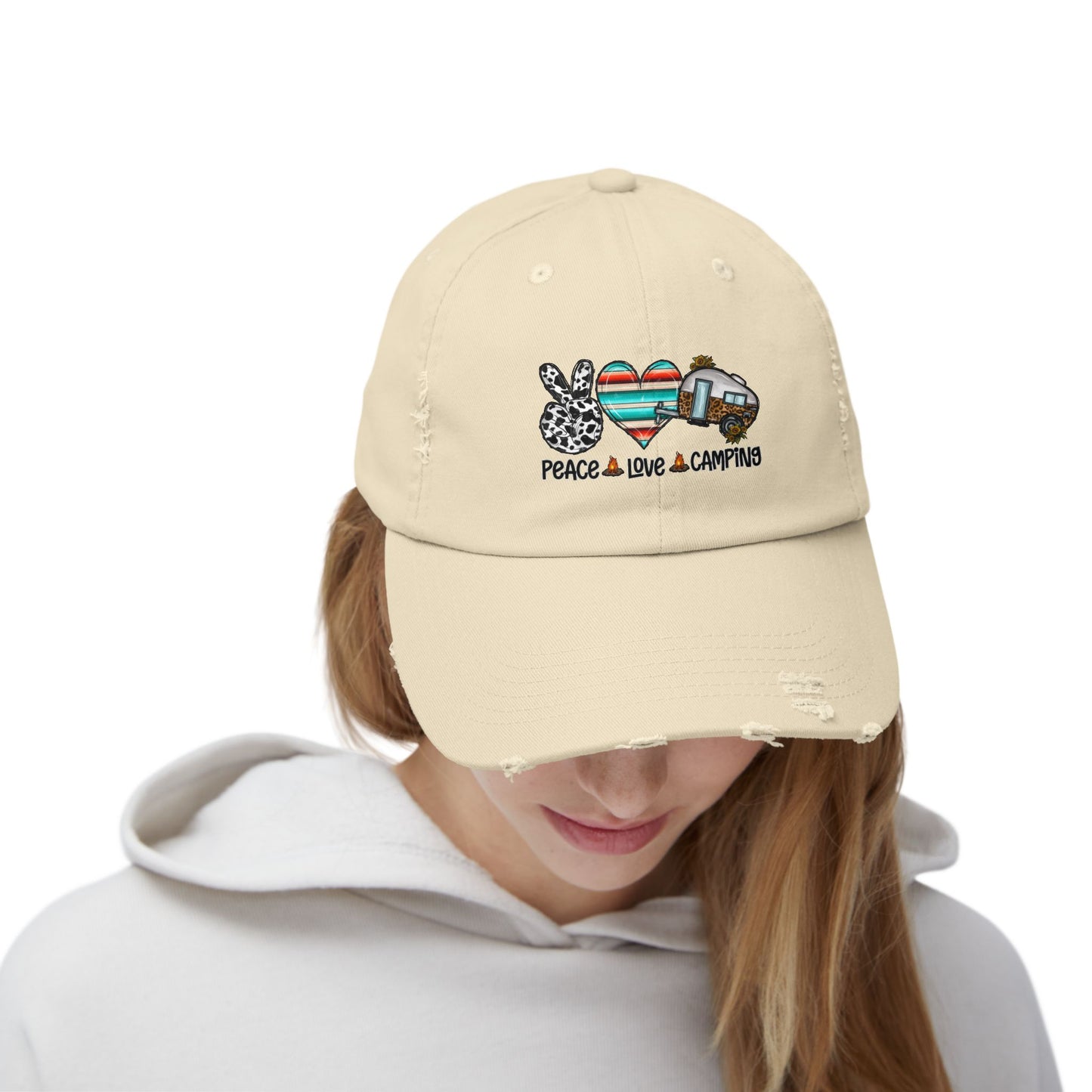 Unisex Distressed Cap - Peace Love Camping Graphic Hat