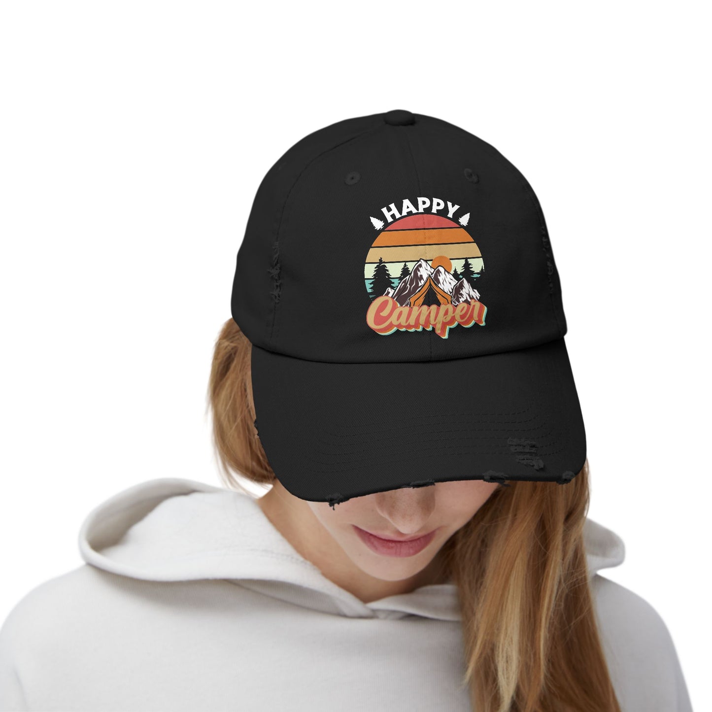 Happy Camper Distressed Cap – Perfect for Outdoor Enthusiasts