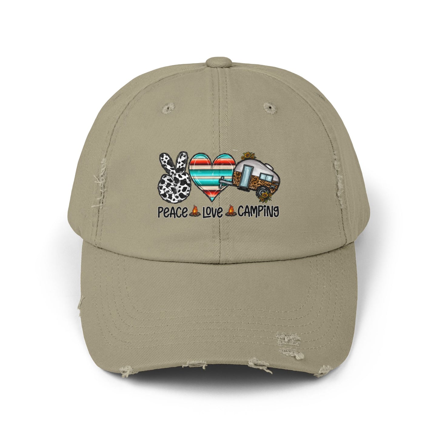 Unisex Distressed Cap - Peace Love Camping Graphic Hat