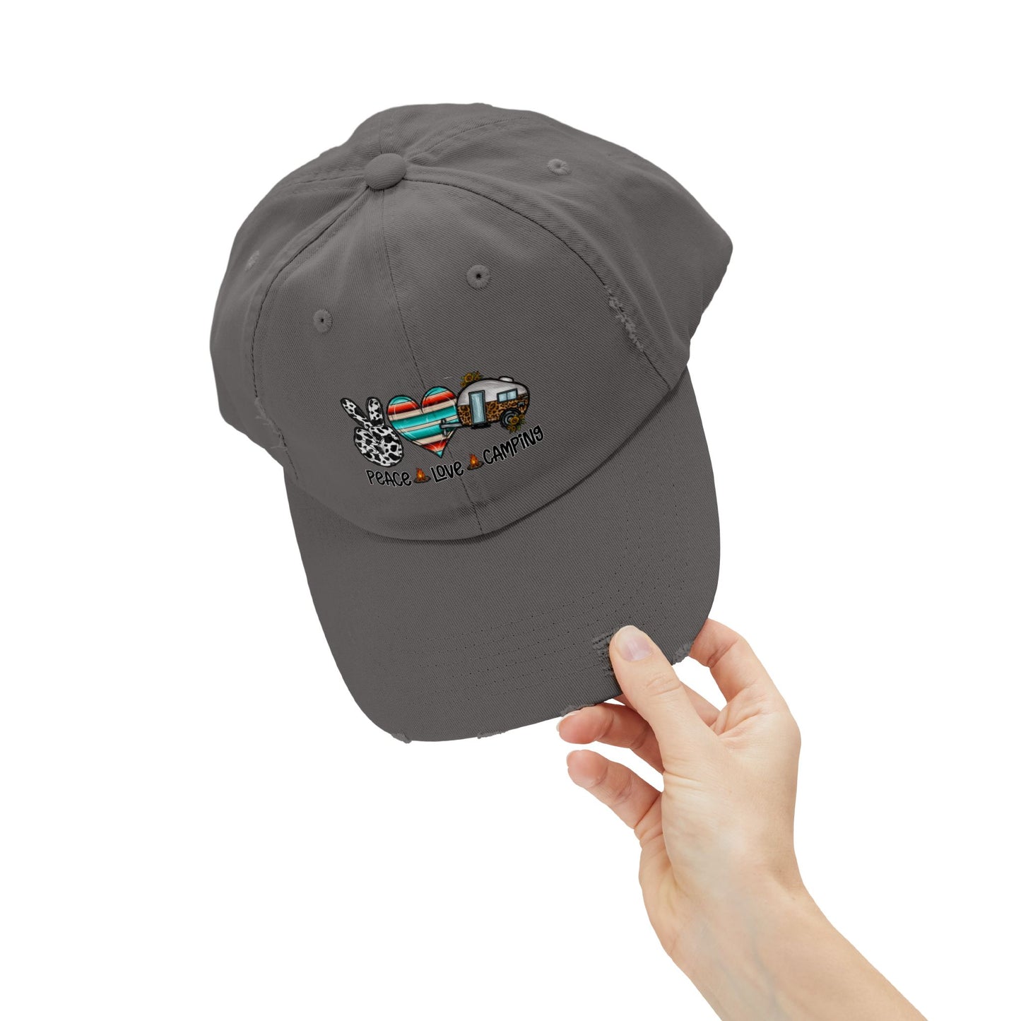 Unisex Distressed Cap - Peace Love Camping Graphic Hat