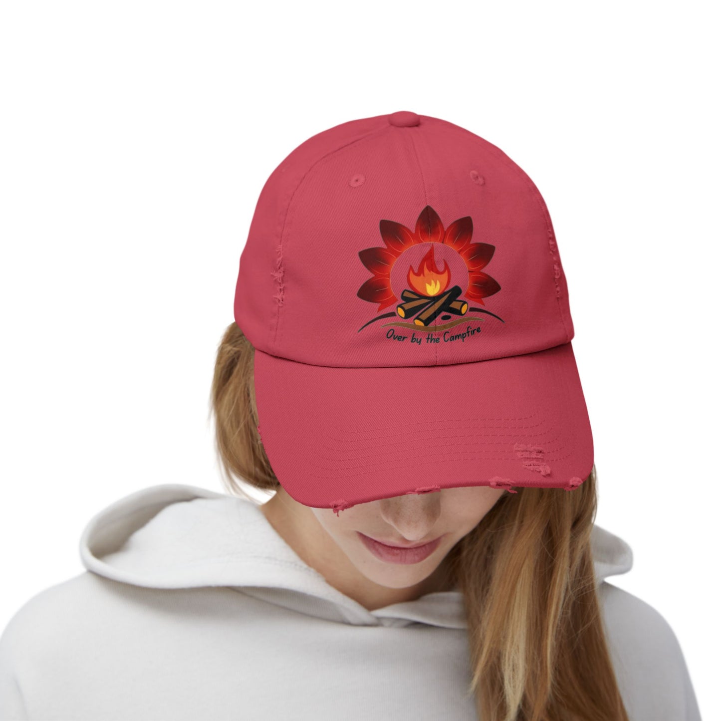 Over by the Campfire -Distressed Unisex Cap with Fire and Floral Design, Vintage Style Hat for Casual Wear, Great for Festivals, Daily Outings, Birthdays, [...]