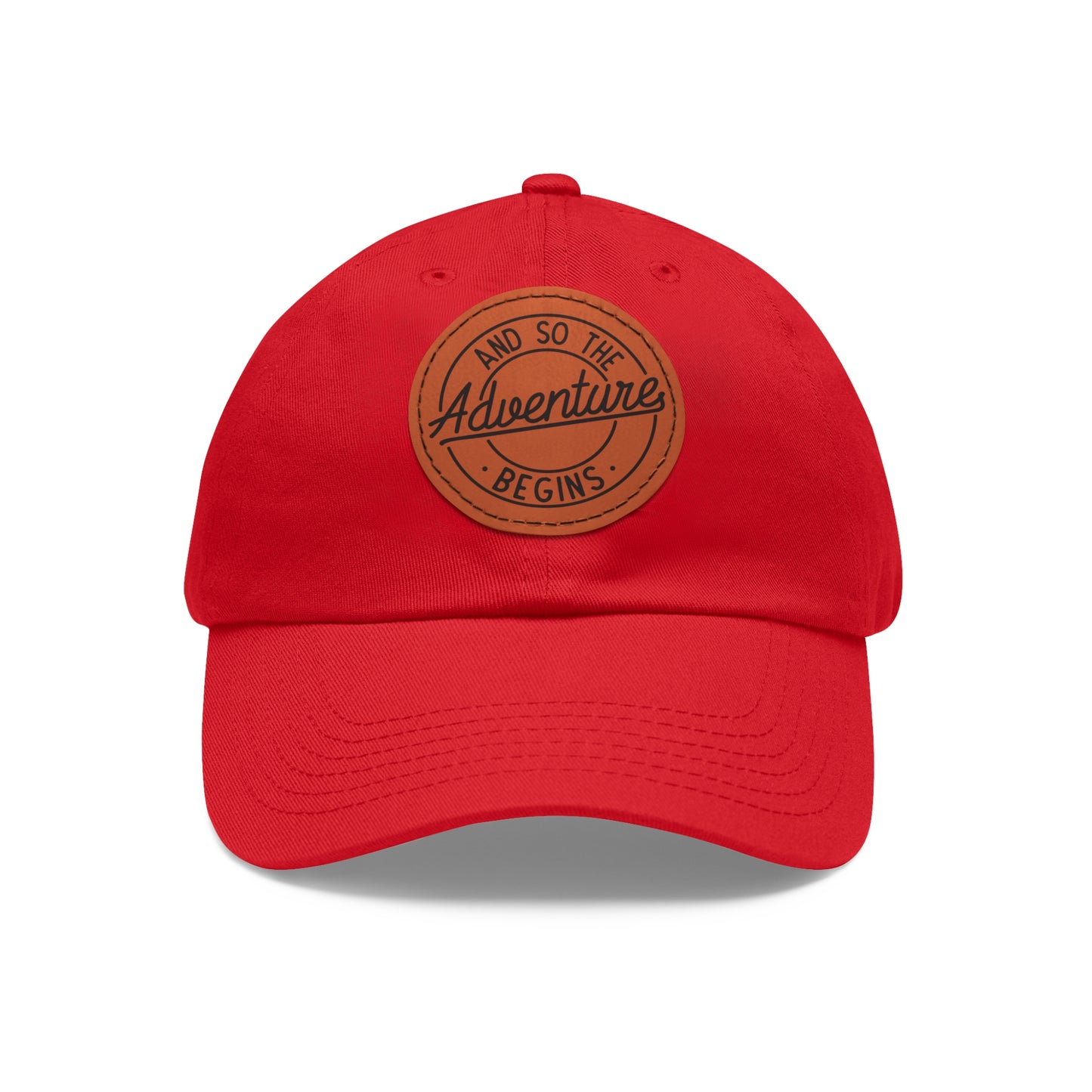 Adventure Begins Dad Hat with Leather Patch | Red Casual Cap