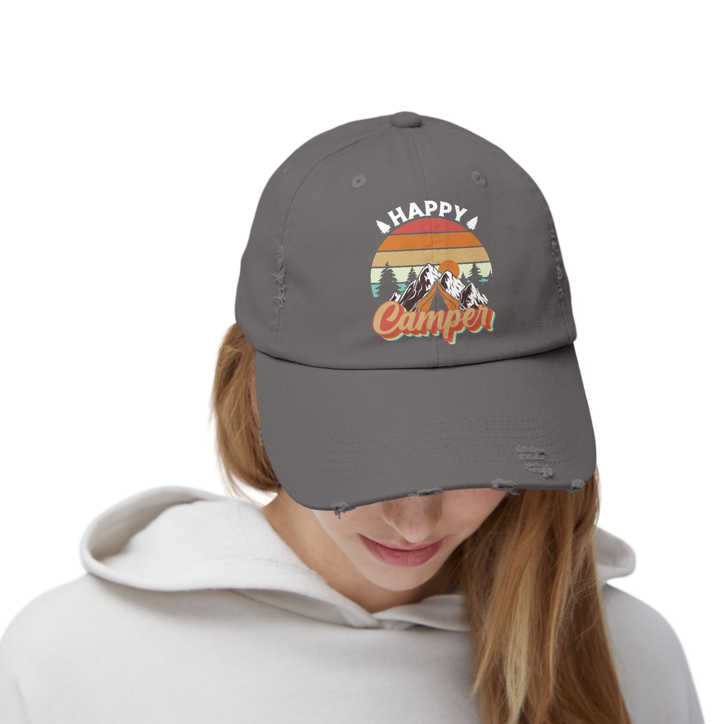 Happy Camper Distressed Cap – Perfect for Outdoor Enthusiasts
