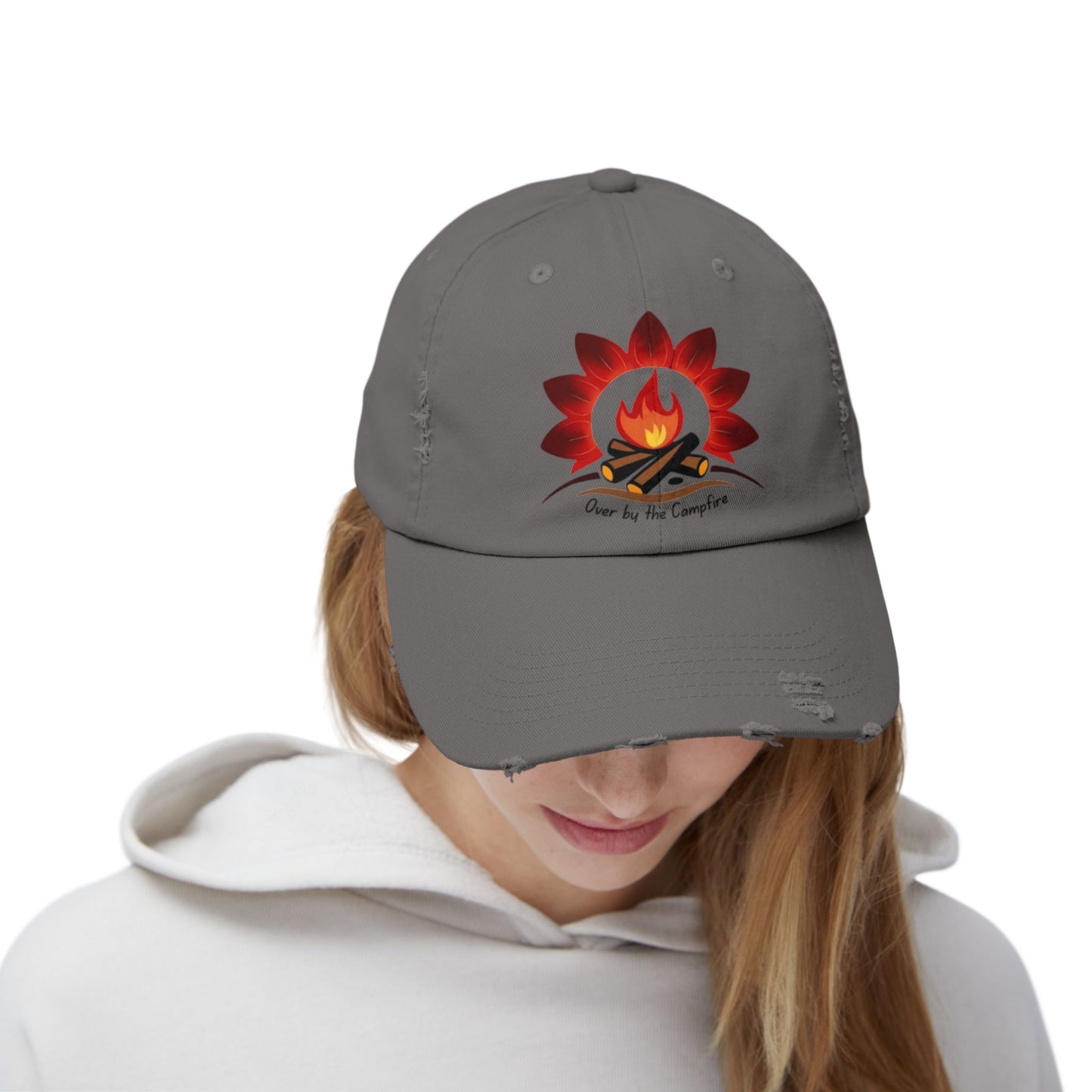 Over by the Campfire -Distressed Unisex Cap with Fire and Floral Design, Vintage Style Hat for Casual Wear, Great for Festivals, Daily Outings, Birthdays, [...]