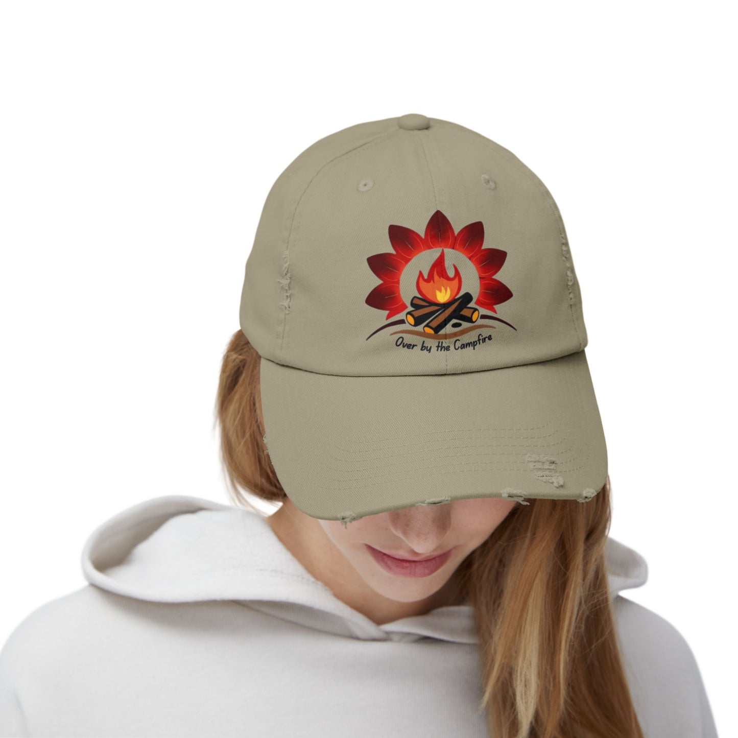Over by the Campfire -Distressed Unisex Cap with Fire and Floral Design, Vintage Style Hat for Casual Wear, Great for Festivals, Daily Outings, Birthdays, [...]