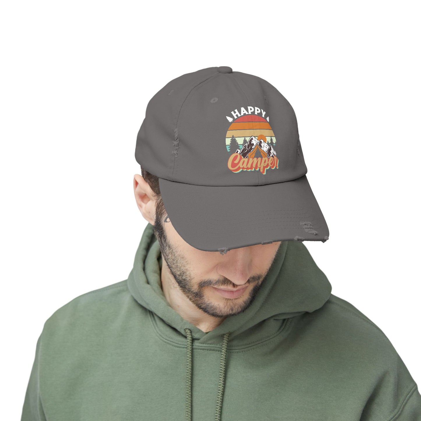 Happy Camper Distressed Cap – Perfect for Outdoor Enthusiasts