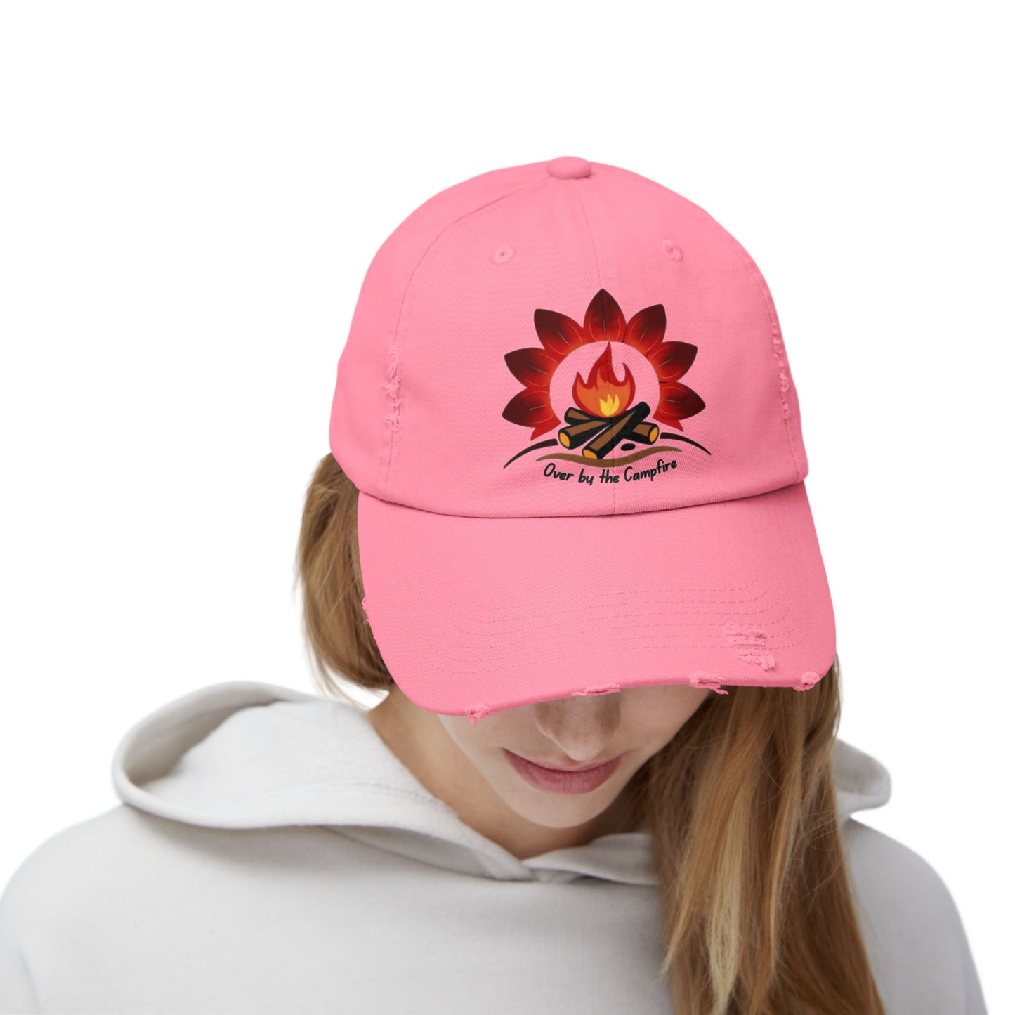 Over by the Campfire -Distressed Unisex Cap with Fire and Floral Design, Vintage Style Hat for Casual Wear, Great for Festivals, Daily Outings, Birthdays, [...]